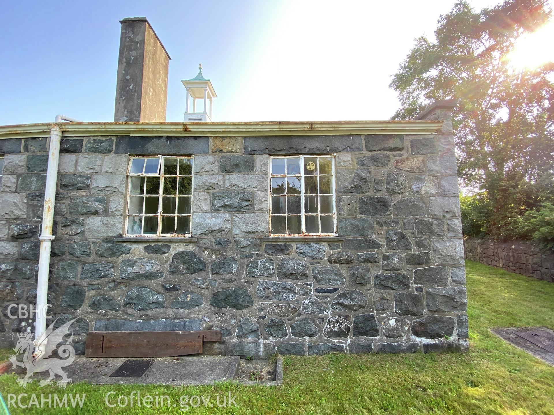 Colour photograph showing West elevation, south end detail - part of a photographic record relating to Moriah Chapel, Llanystumdwy, produced as a condition of planning consent (Planning Reference C21/0420/41/LL; Gwynedd Council).