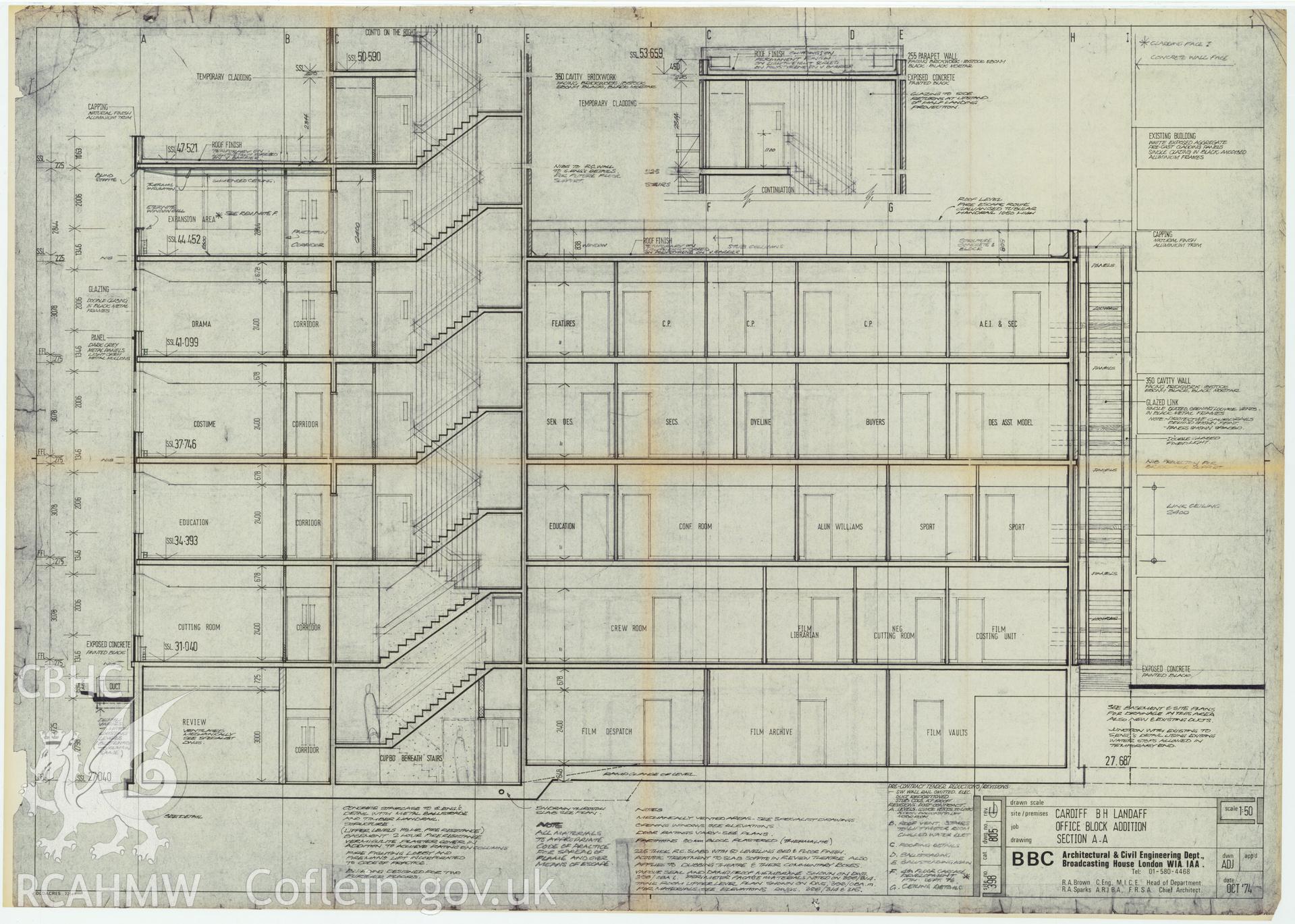 Digitised drawing plan of Llandaff office block addition, Cardiff. Drawing no. 805G section A-A, October 1974.