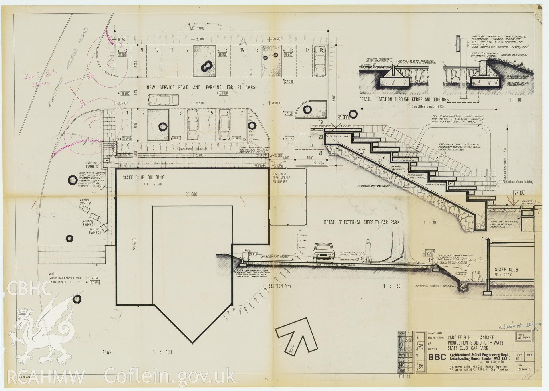 Digitised drawing plan of Llandaff production studio C1-WA13, staff club carpark. Drawing no. 478, May 1976.