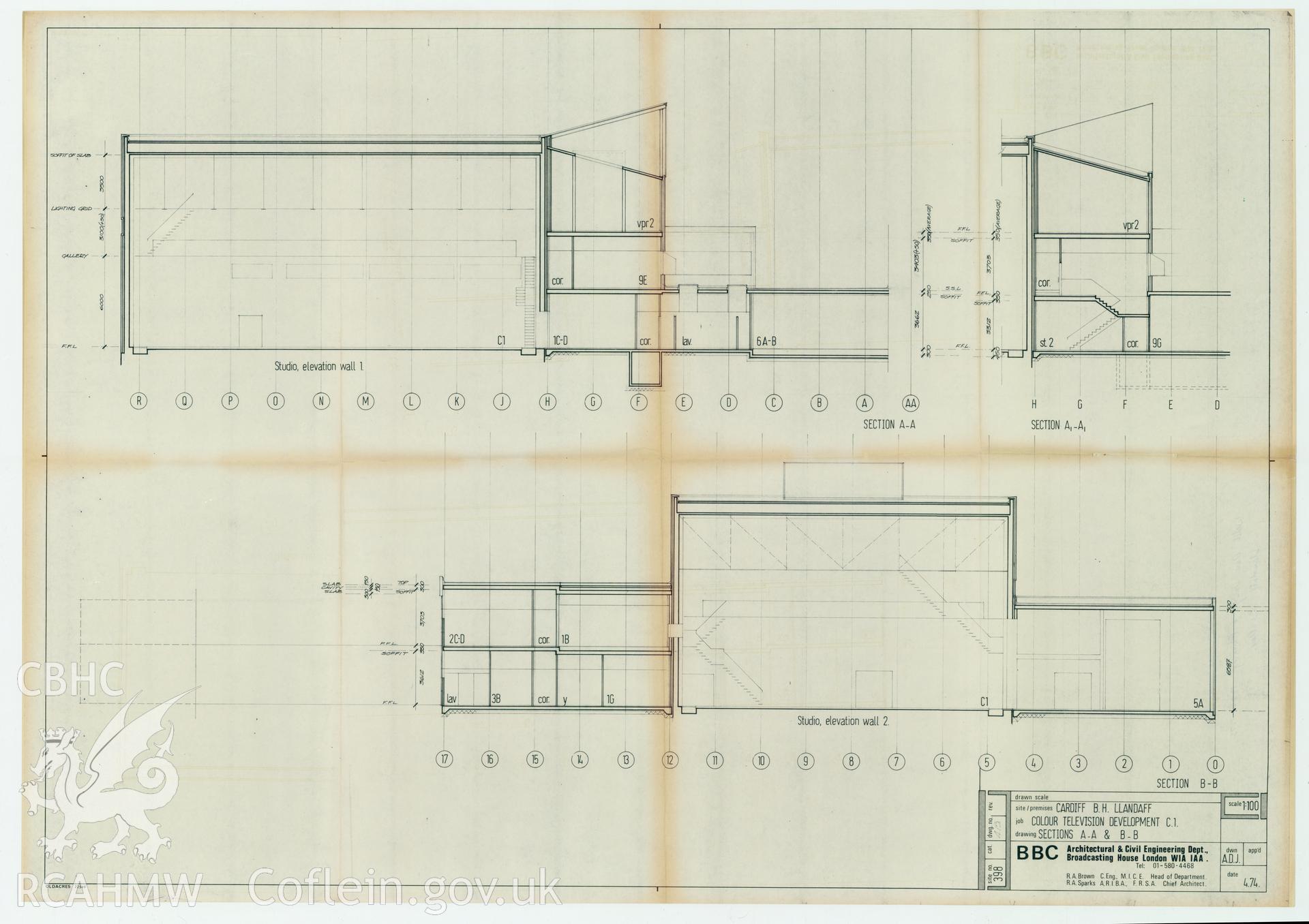 Digitised drawing plan of Llandaff production studio C1 - Colour TV development. Sections A-A and B-B. Drawing no. 415, April 1974.