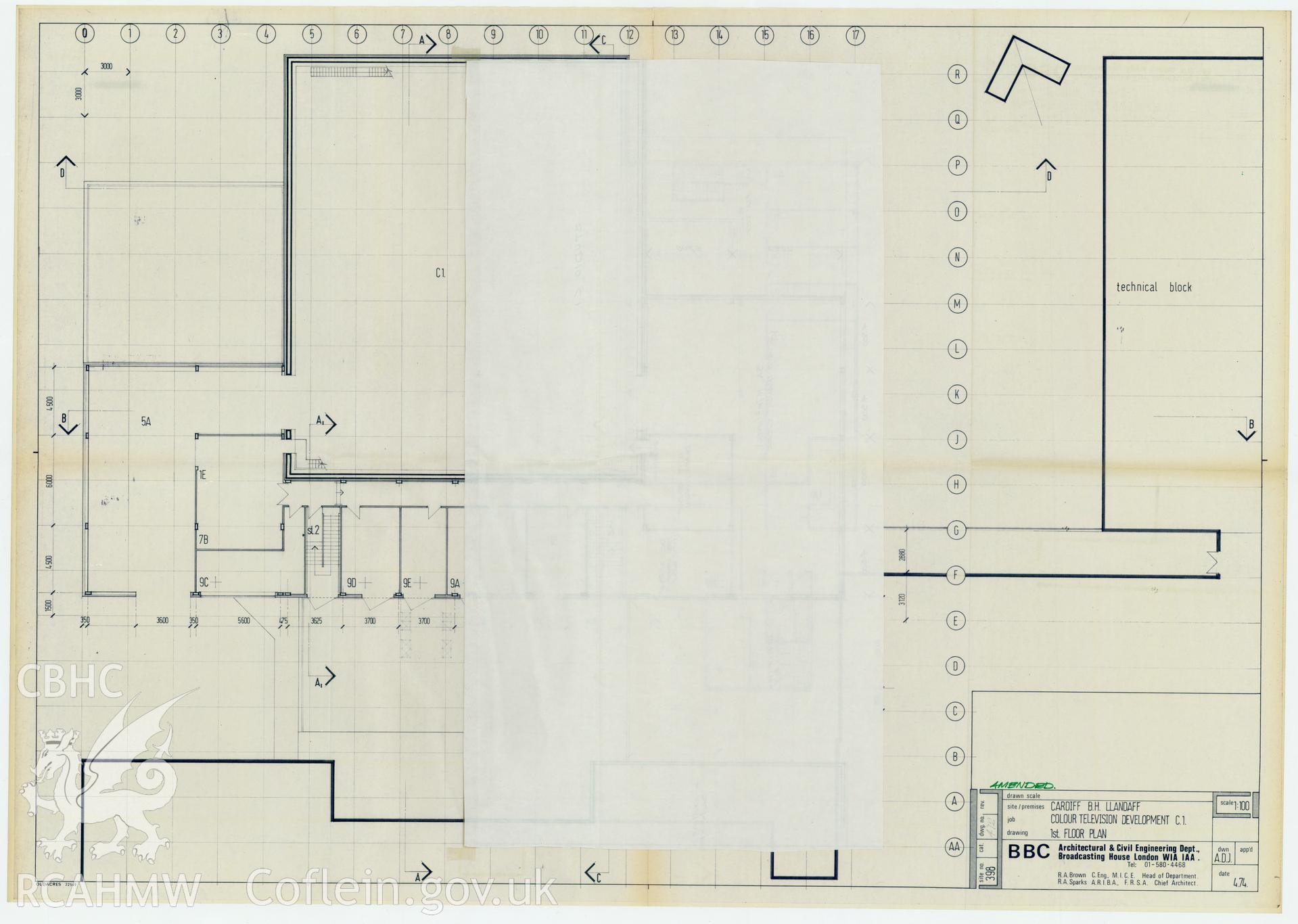 Digitised drawing plan of Llandaff production studio C1 - Colour TV Development, First floor plan. Drawing no. 412c amended. May 1974.