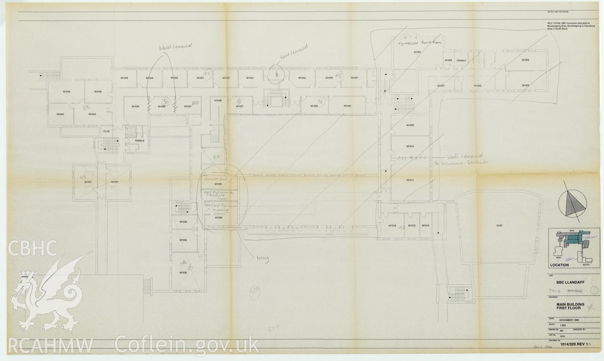 Digitised drawing plan of BBC Llandaff main building - drawing of the first floor plan. Drawing no. 1014/320, Rev.1A November 1990.