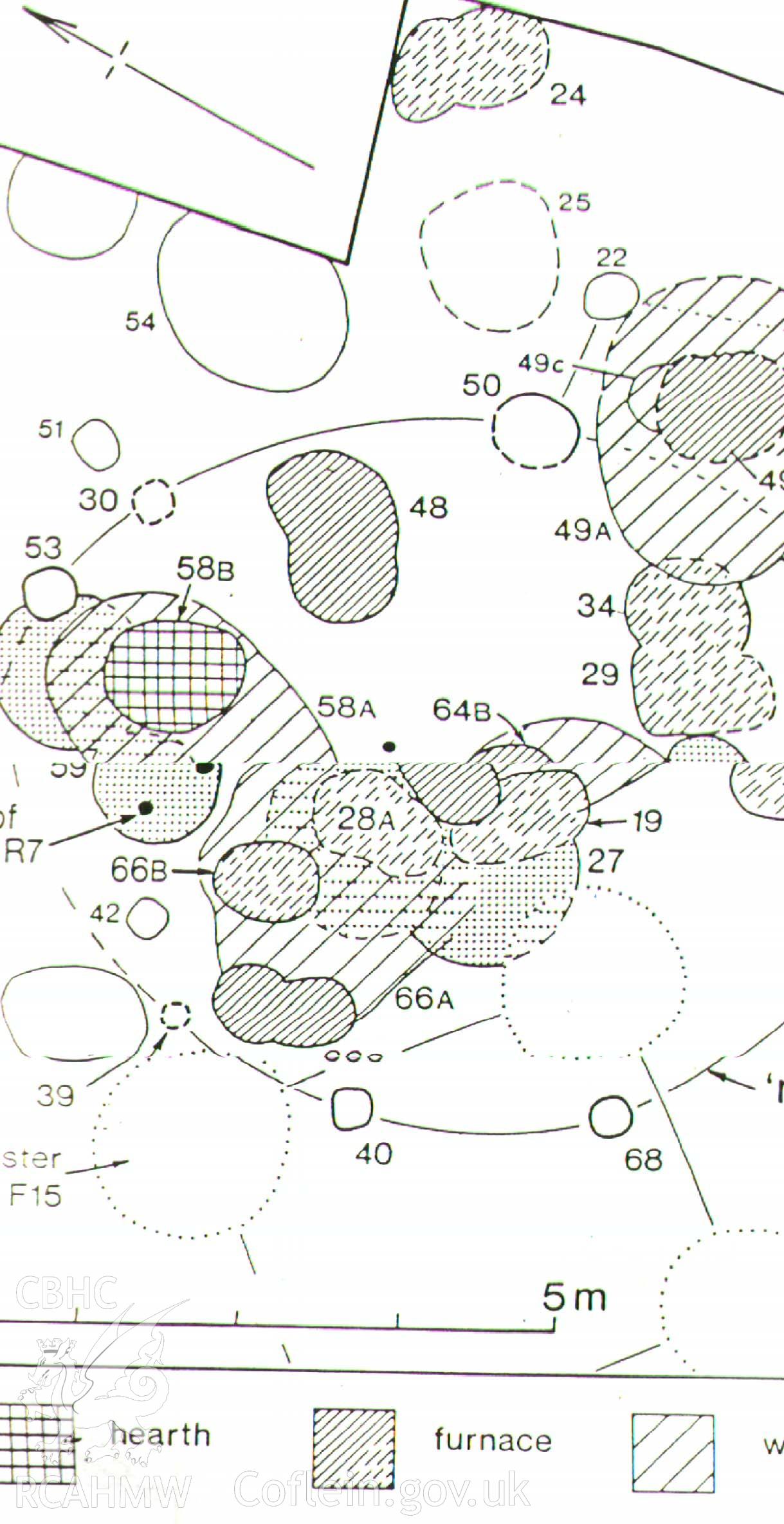 Digital image of plan of roundhouse with numerous metal-working hearths, Breidden Hillfort - Thorburn, 1998
