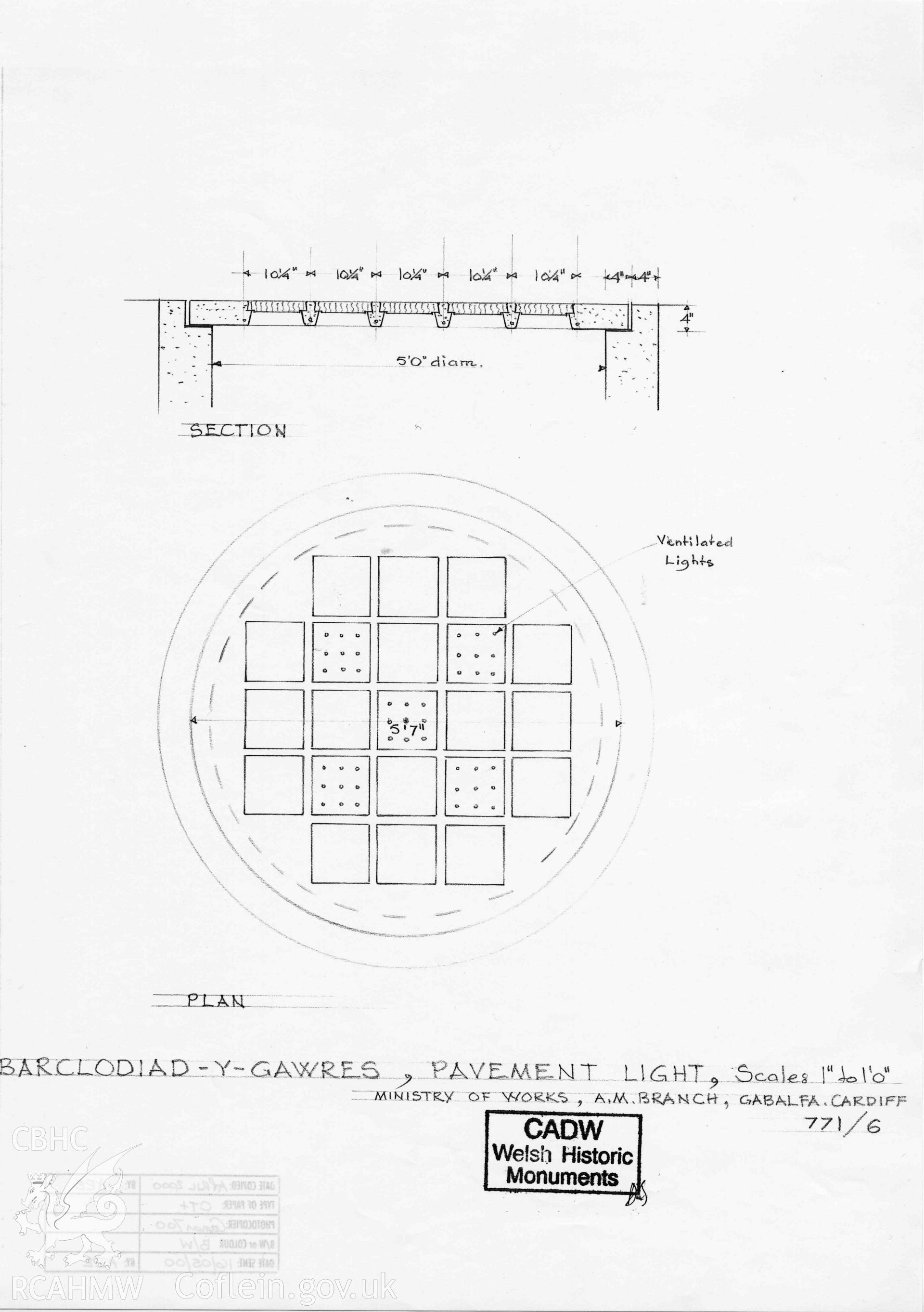 Cadw guardianship monument drawing of Barclodiad y Gawres Round Barrow. Pavement light, plan + section. Cadw Ref No: 771/6. Scale 1:12.