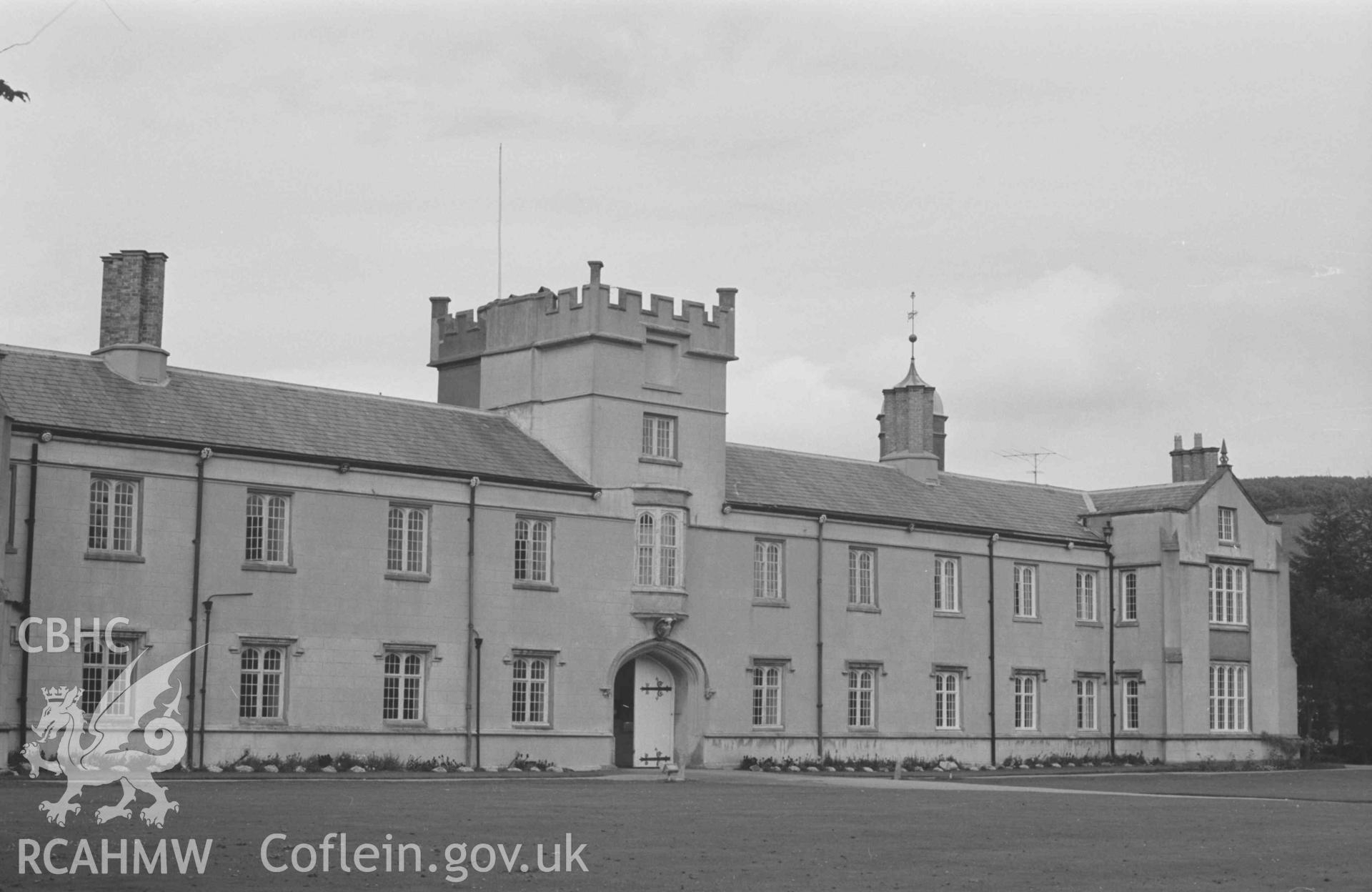 Digital copy of a black and white negative showing the front of the quadrangle at Lampeter College. Photographed by Arthur Chater on 21 August 1968. Looking north east from Grid Reference SN 579 482.