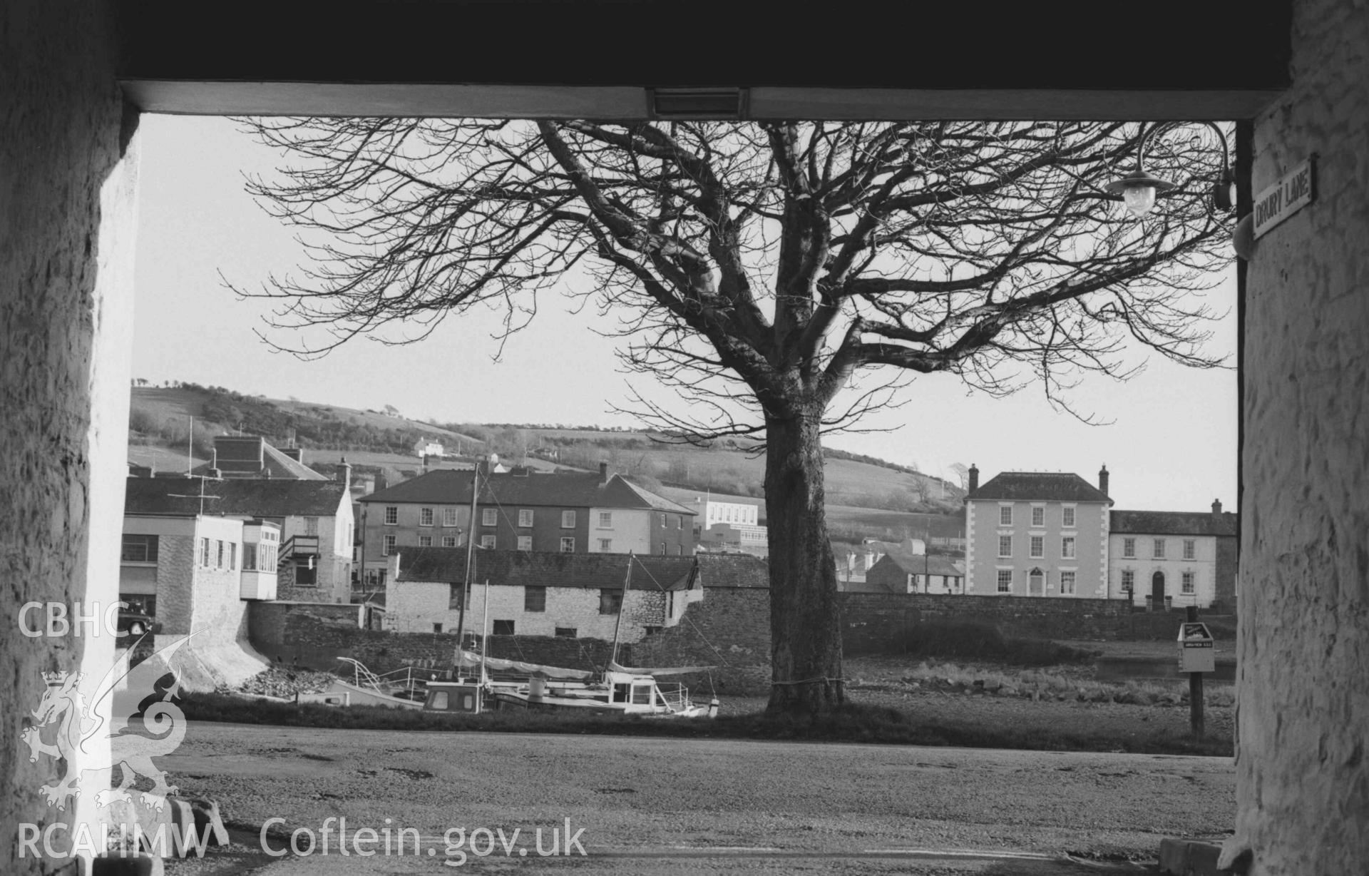Digital copy of a black and white negative showing view from Drury Lane across Aberaeron harbour. Photographed by Arthur Chater on 28 December 1968. Looking south east from Grid Reference SN 4568 6294.
