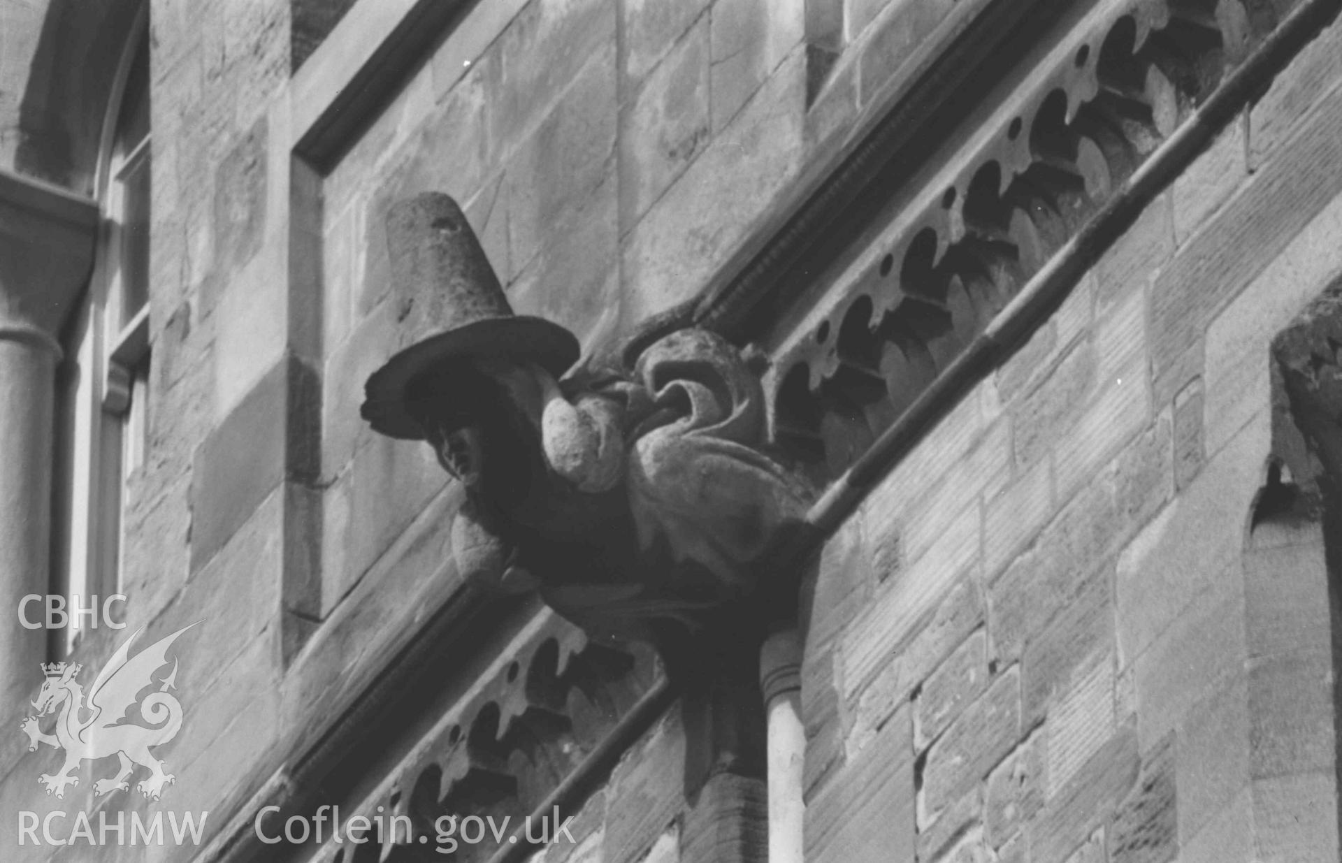 Digital copy of a black and white negative showing gargoyles on the south east side of the UCW building overlooking King Street, Aberystwyth (Telephoto). Photographed by Arthur Chater on 2 April  1969. Grid Reference SN 581 817.