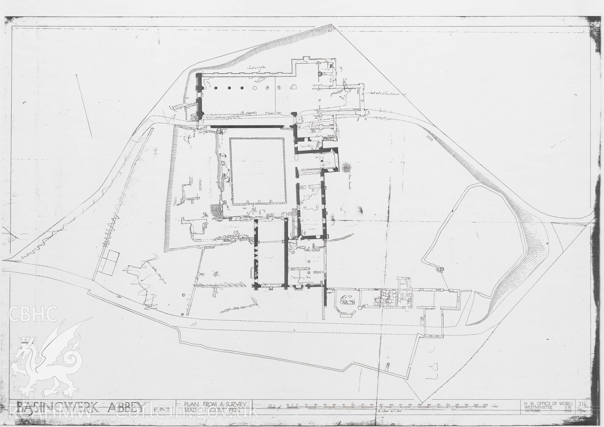 Cadw guardianship monument drawing of Basingwerk Abbey. Survey-plan. Cadw Ref. No. 216/9a4. Scale 1:192.