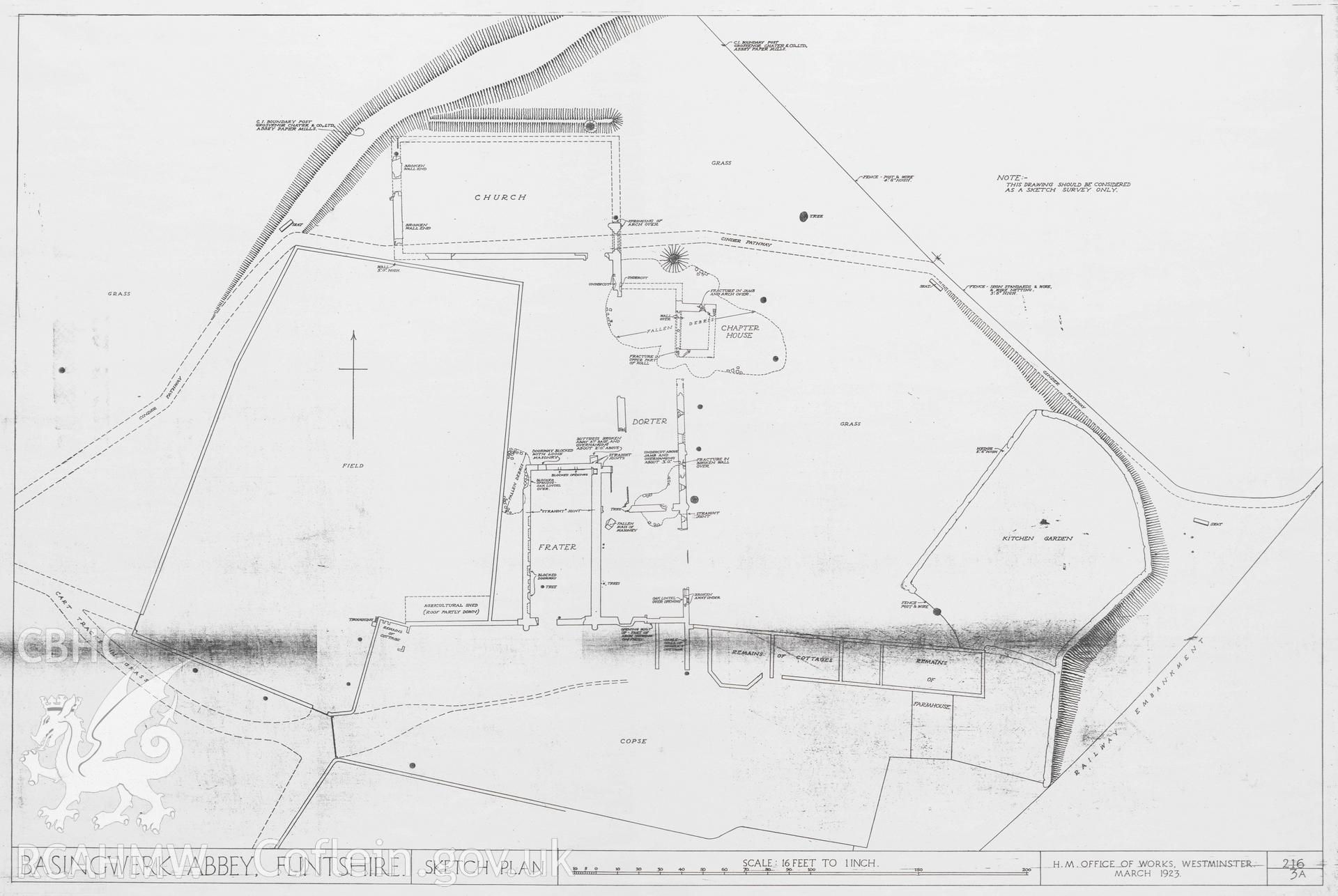 Cadw guardianship monument drawing of Basingwerk Abbey. Plan. Cadw Ref. No. 216/3a. Scale 1:192.