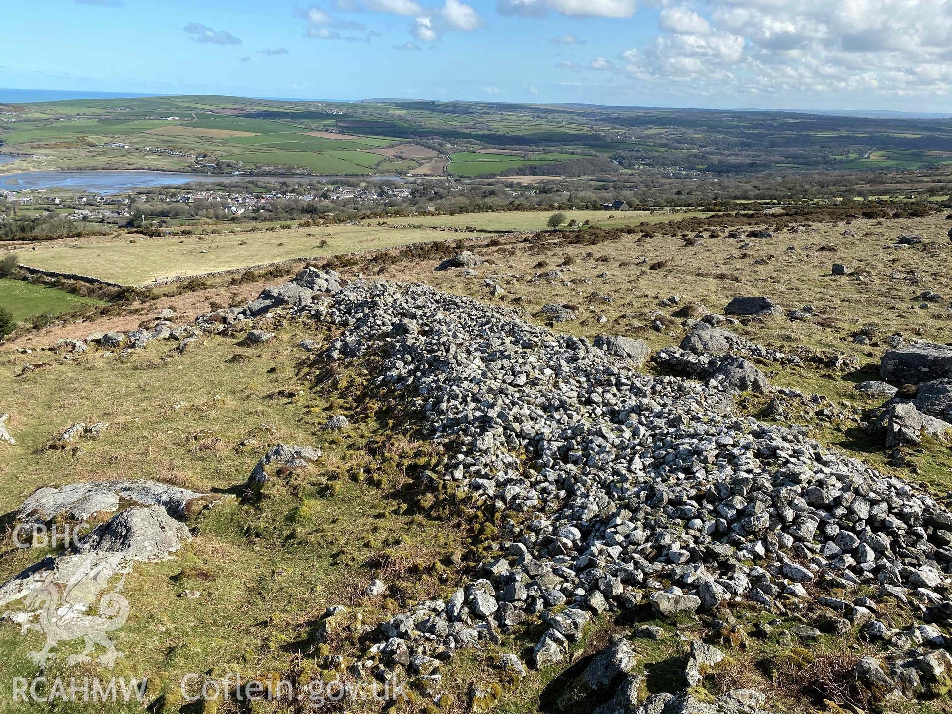 Digital photograph of Carn Ffoi defended enclosure and surrounding landscape, produced by Paul Davis in 2020