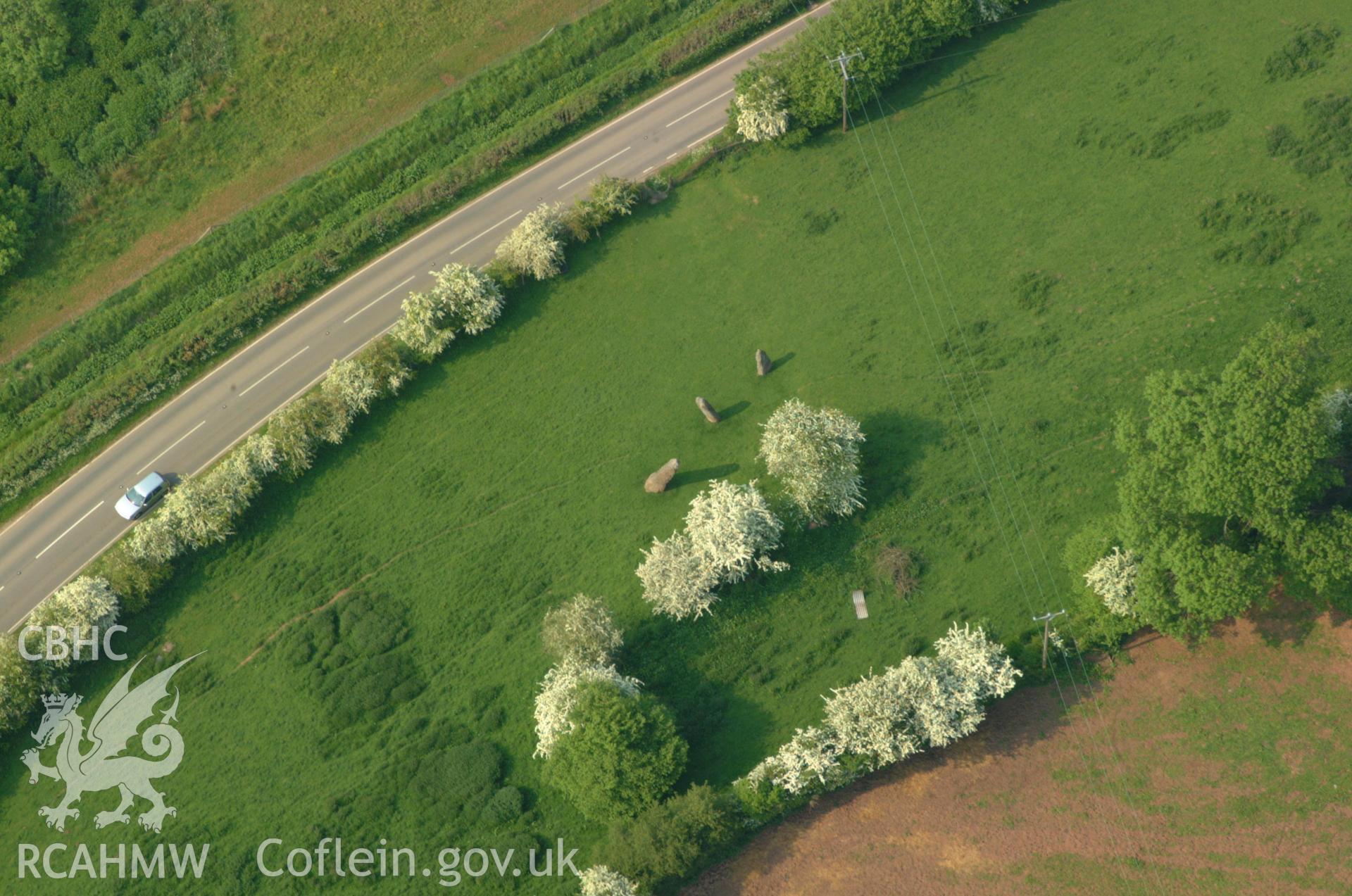 RCAHMW colour oblique aerial photograph of Harold's Stones, Trellech taken on 27/05/2004 by Toby Driver