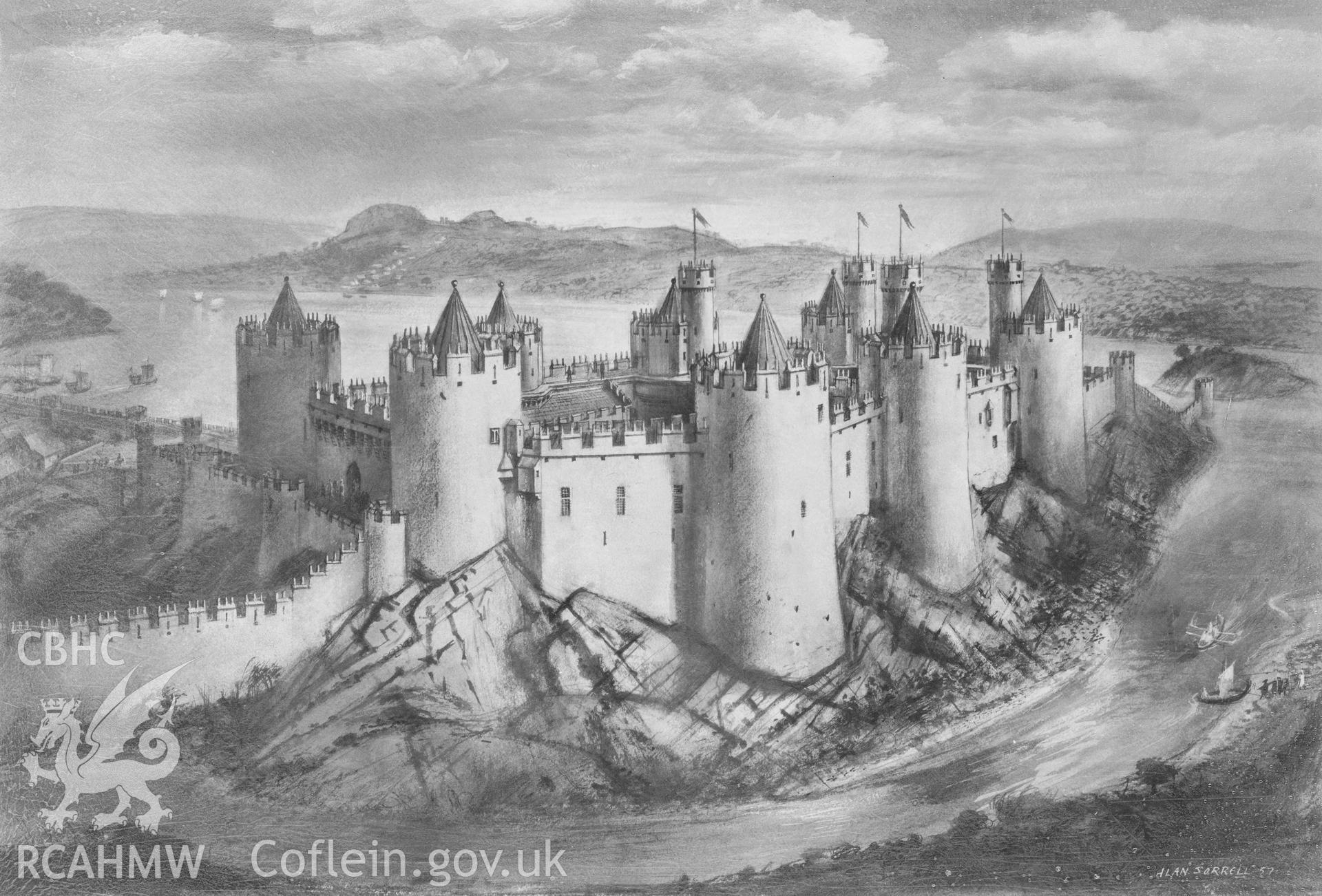 Black and white negative and digitised photograph of Alan Sorrell reconstruction drawing, showing the (conjectural) castle at its completion in c.1290.
