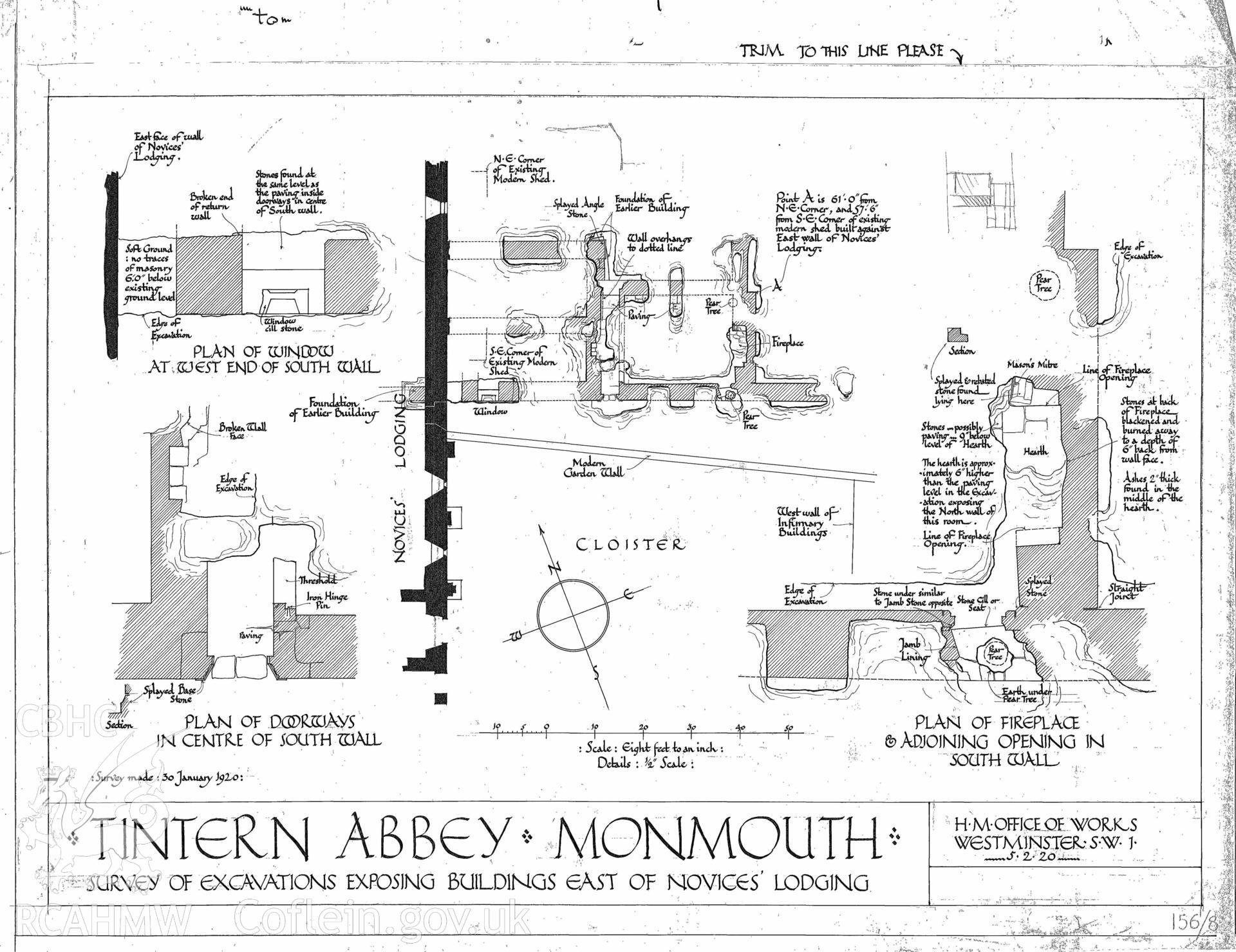 Cadw guardianship monument drawing of Tintern Abbey. Survey of Excavation E of Novices' Lodgings. Cadw ref. No. 156/8. Scale 1:96.