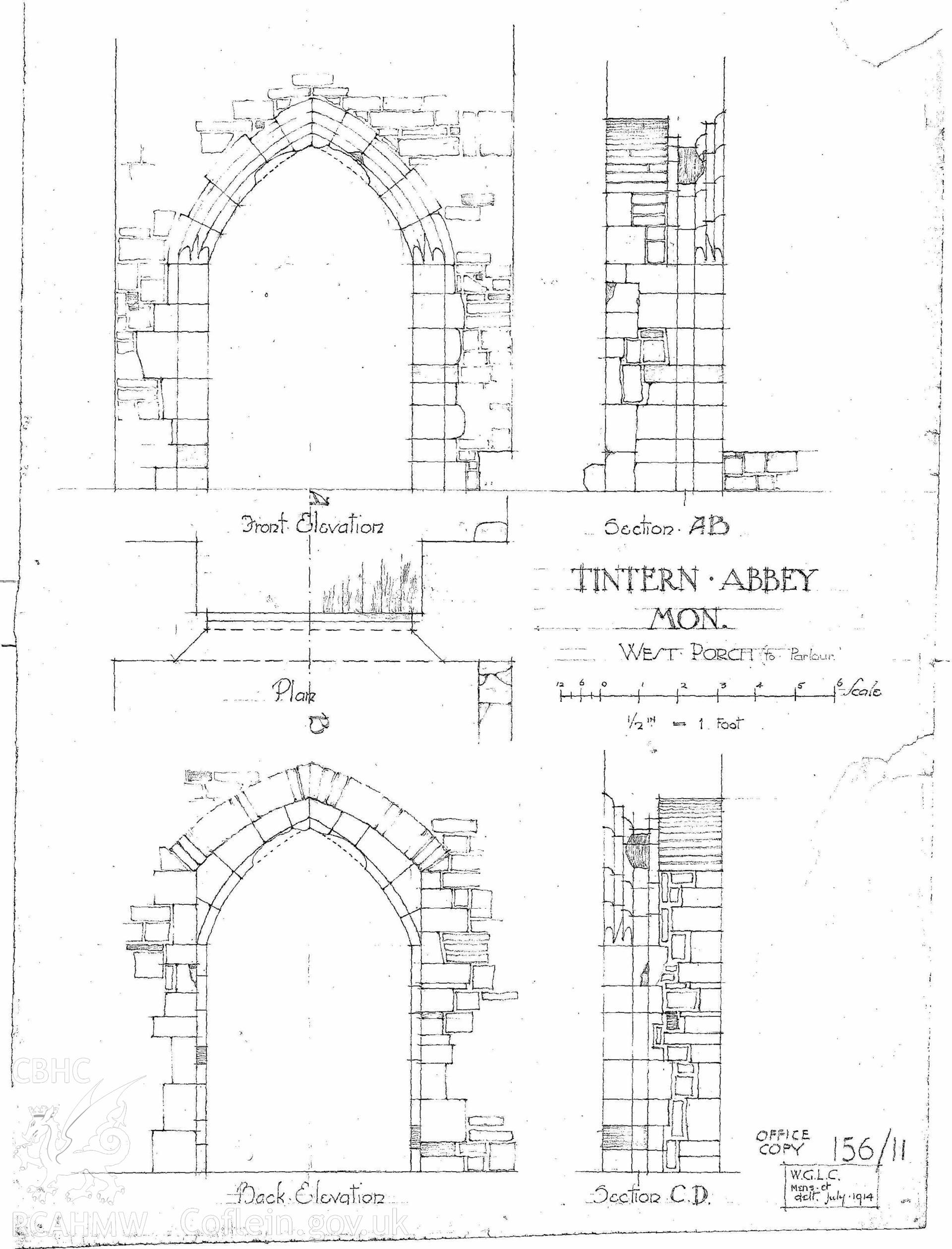 Cadw guardianship monument drawing of Tintern Abbey. Elevation W porch to parlour. Cadw ref. No. 156/11. Scale 1:24.