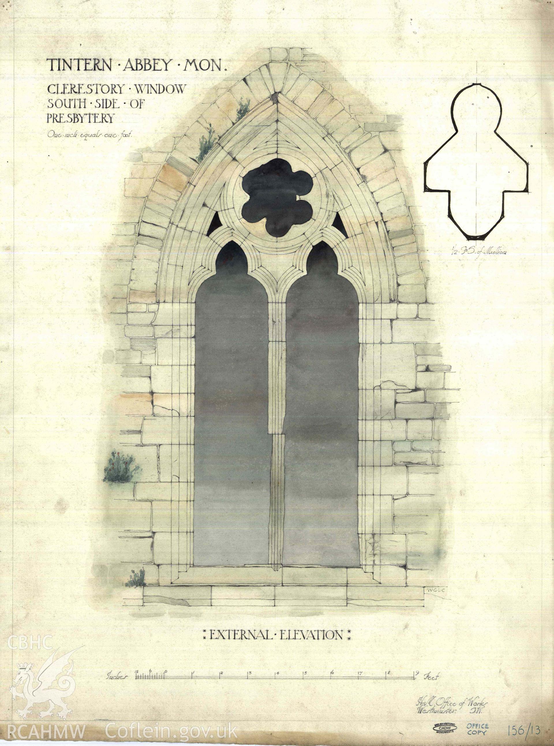 Cadw guardianship monument drawing of Tintern Abbey. Chancel clerestory window ext elves. Cadw ref. No. 156/13. Scale 1:12.2.