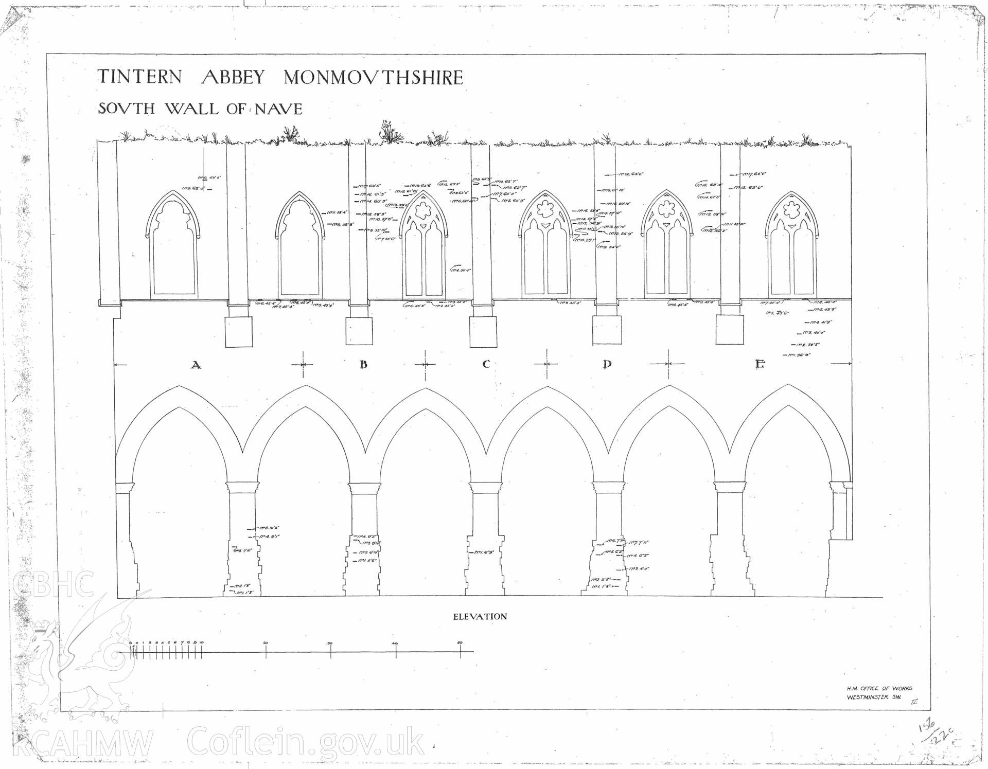 Cadw guardianship monument drawing of Tintern Abbey. Elevations A-E S Wall of Nave. Cadw ref. No. 156/22c. Scale 1:50.
