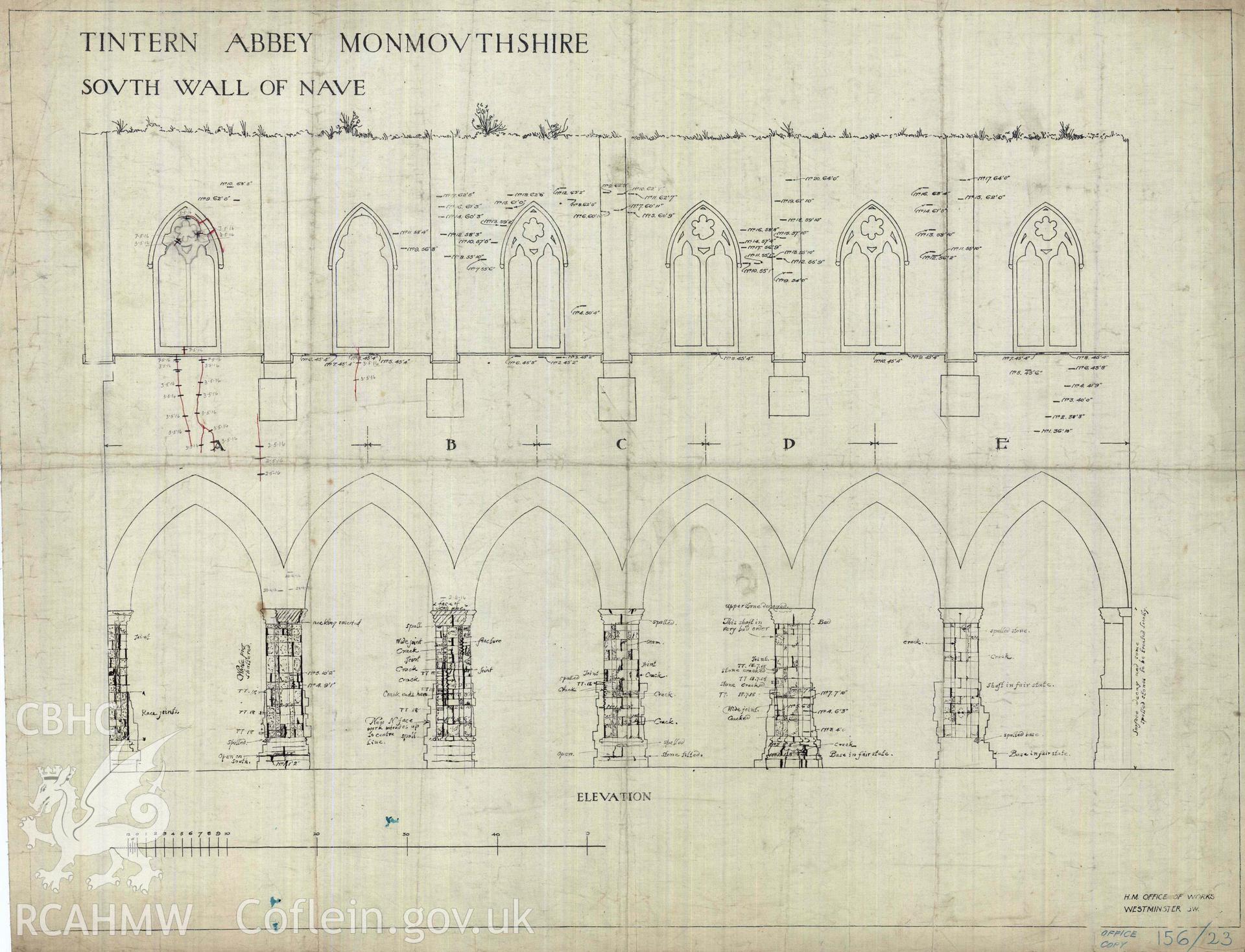 Cadw guardianship monument drawing of Tintern Abbey. Elevation S Wall of Nave + annotations. Cadw ref. No. 156/23. Scale 1:1:20.