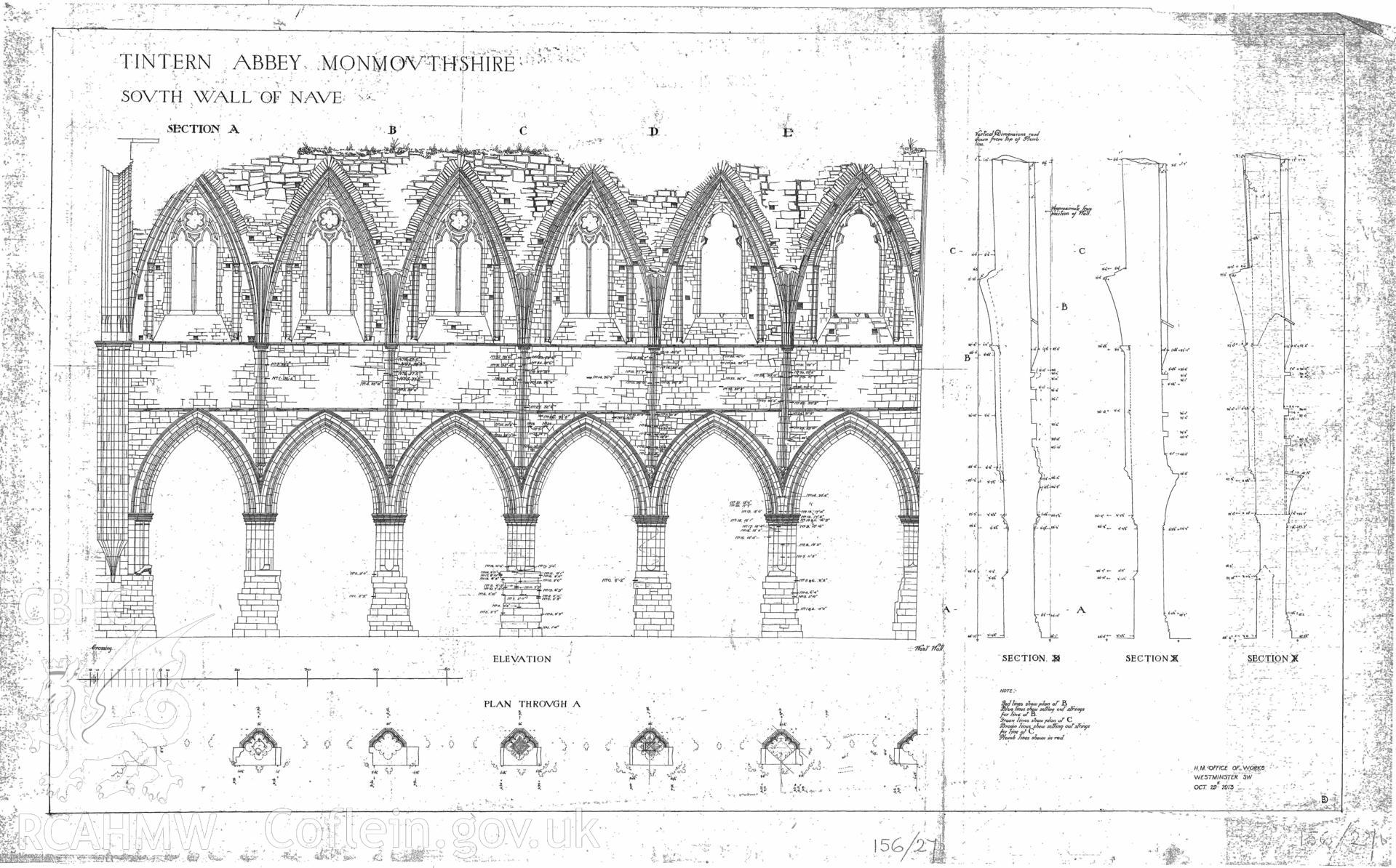Cadw guardianship monument drawing of Tintern Abbey. Plan through South wall of Nave. Cadw ref. No. 156/27b. Various scales.