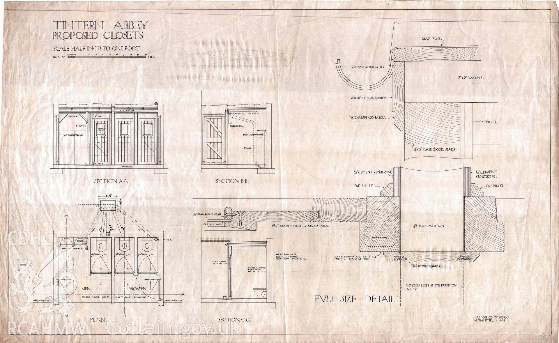 Cadw guardianship monument drawing, plans and details of proposed proposed latrines, Tintern Abbey.
