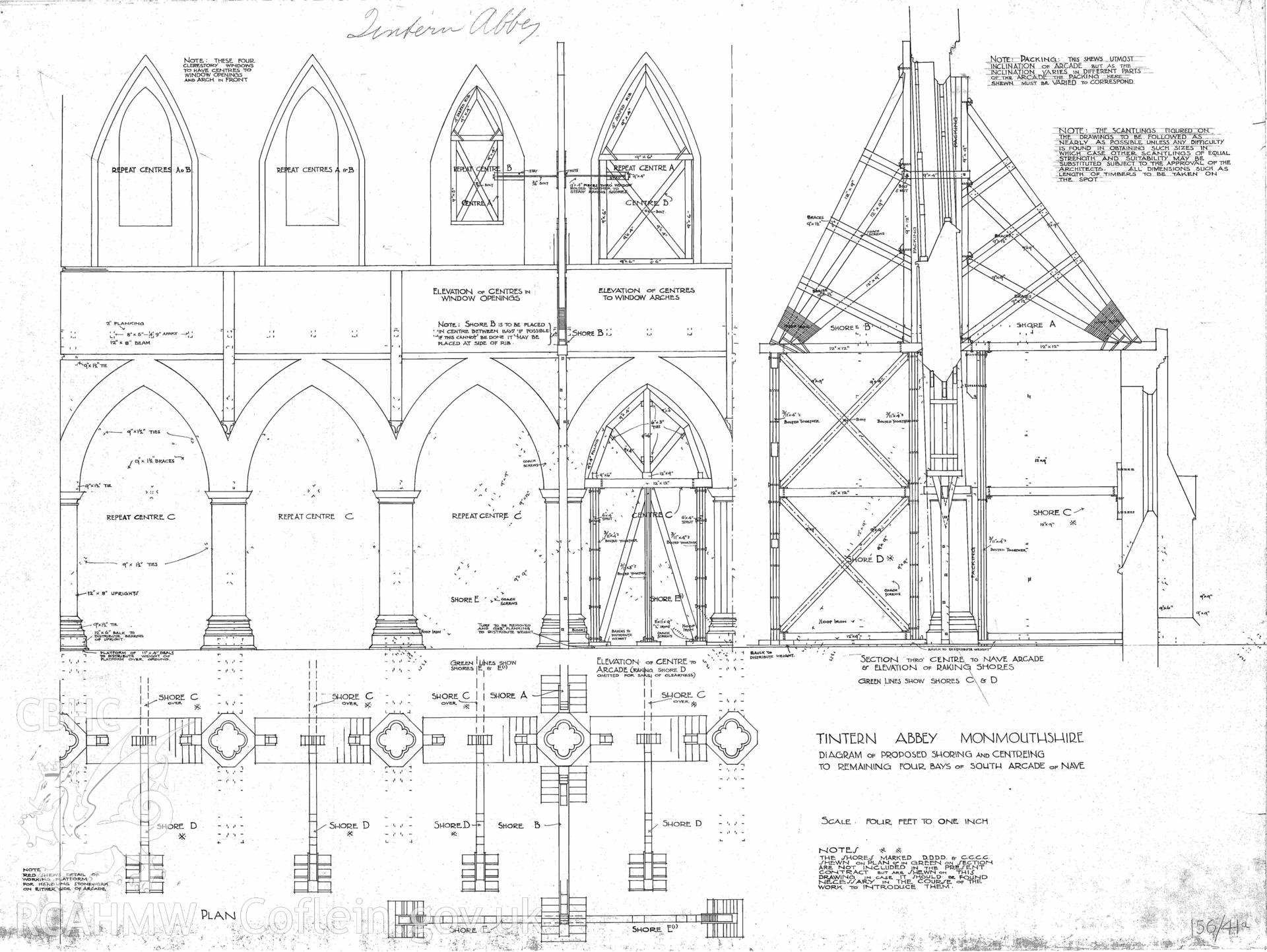Cadw guardianship monument drawing of Tintern Abbey. Proposed shoring S Arcade of Nave. Cadw ref. No. 156/41a. Scale 1:48.