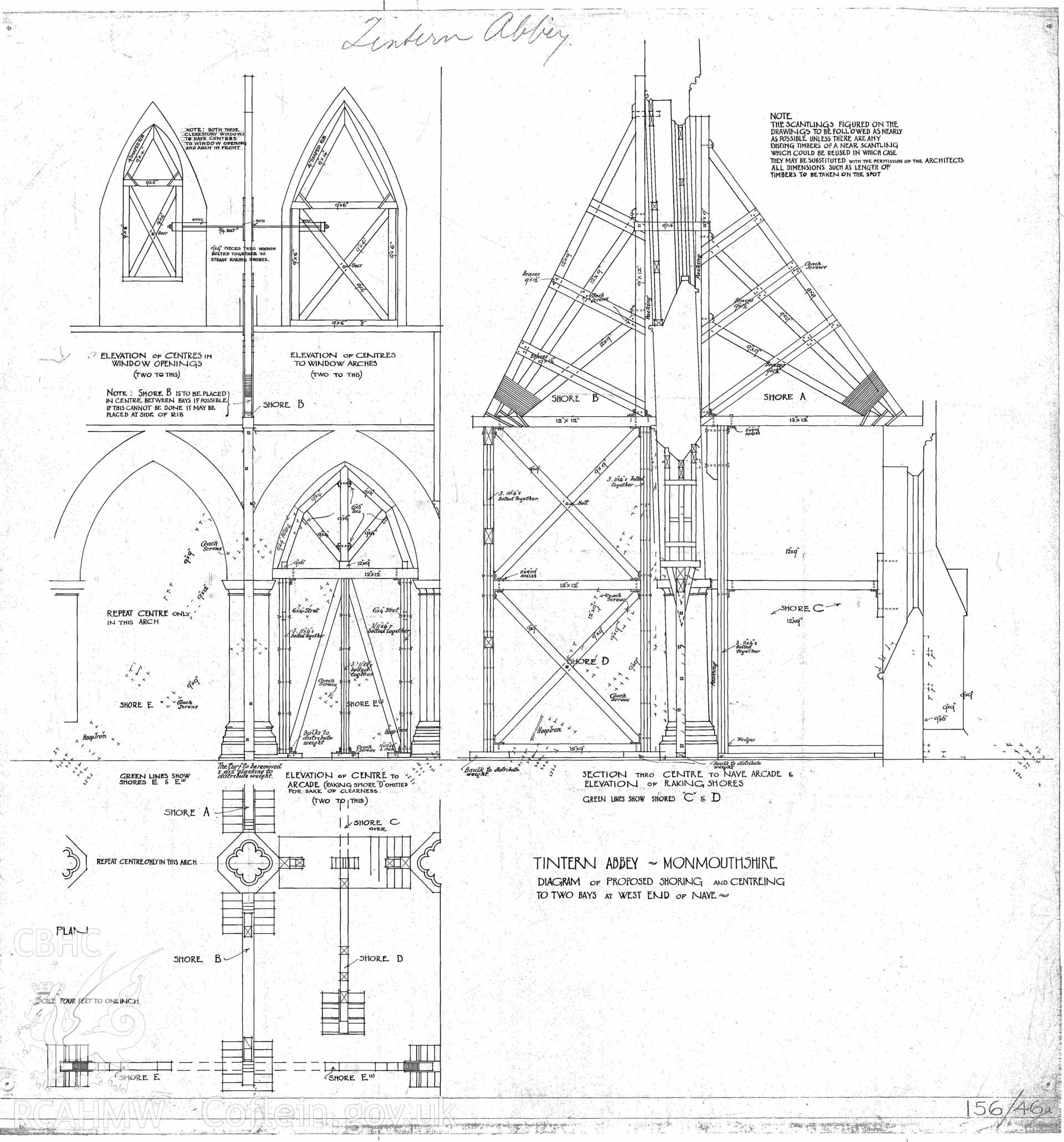 Cadw guardianship monument drawing of Tintern Abbey. Shoring of 2 bays W end of nave. Cadw ref. No. 156/46a. Scale 1:.