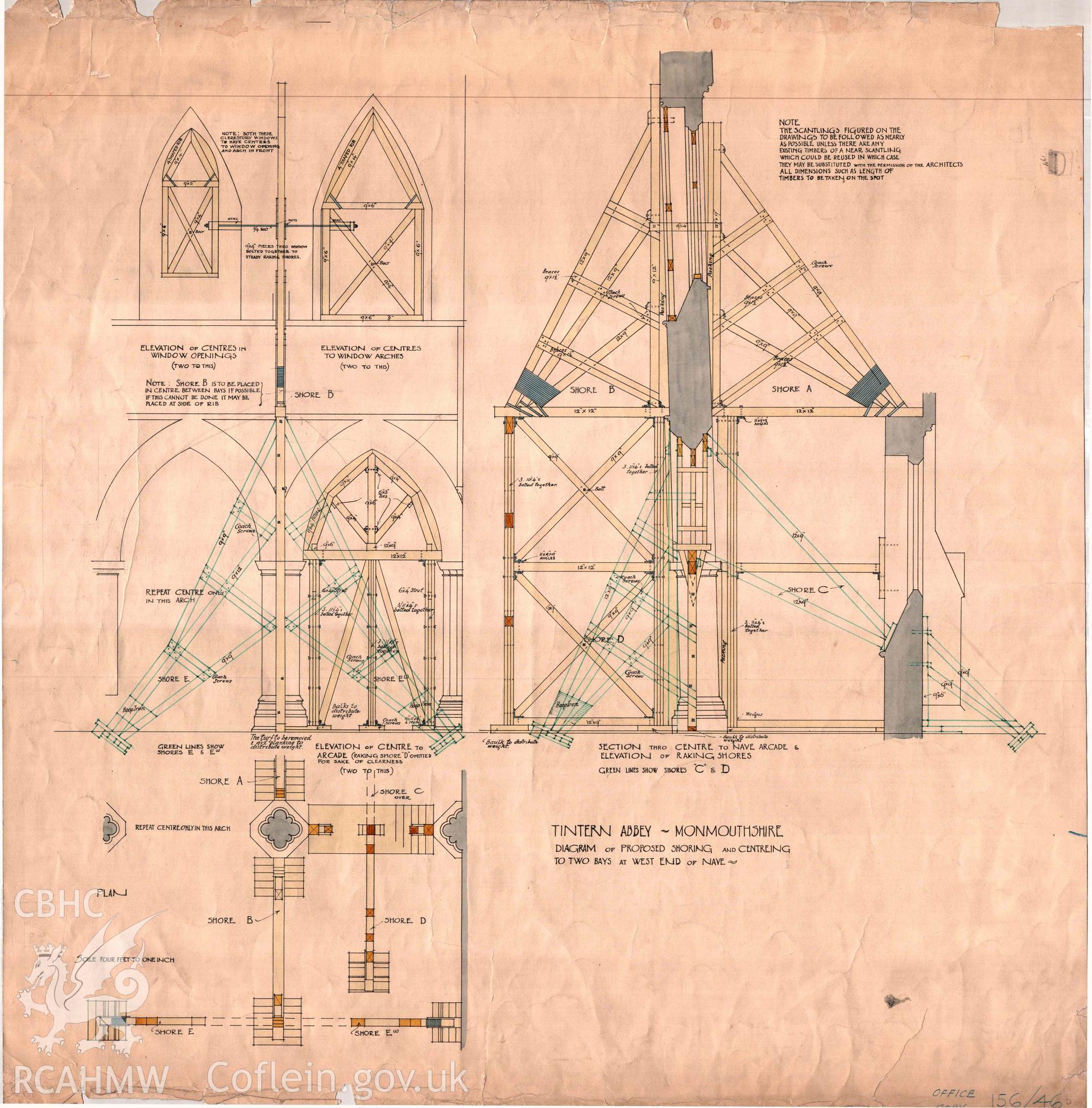 Cadw guardianship monument drawing, diagram of proposed shoring and centreing of 2 bays at west end of nave, Tintern Abbey.