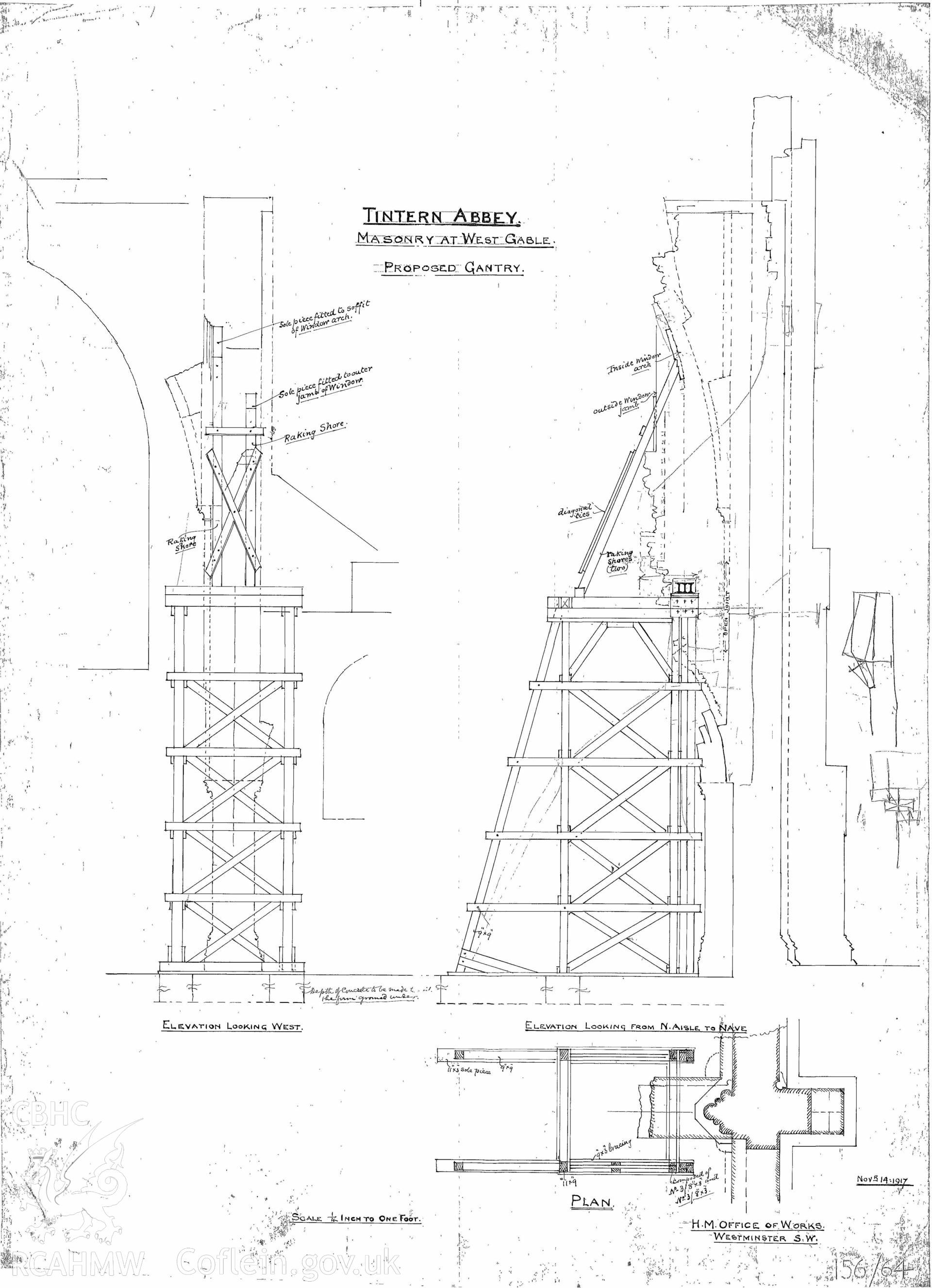 Cadw guardianship monument drawing of Tintern Abbey. Proposed Gantry at West Gable. Cadw ref. No. 156/64. Scale 1:48.
