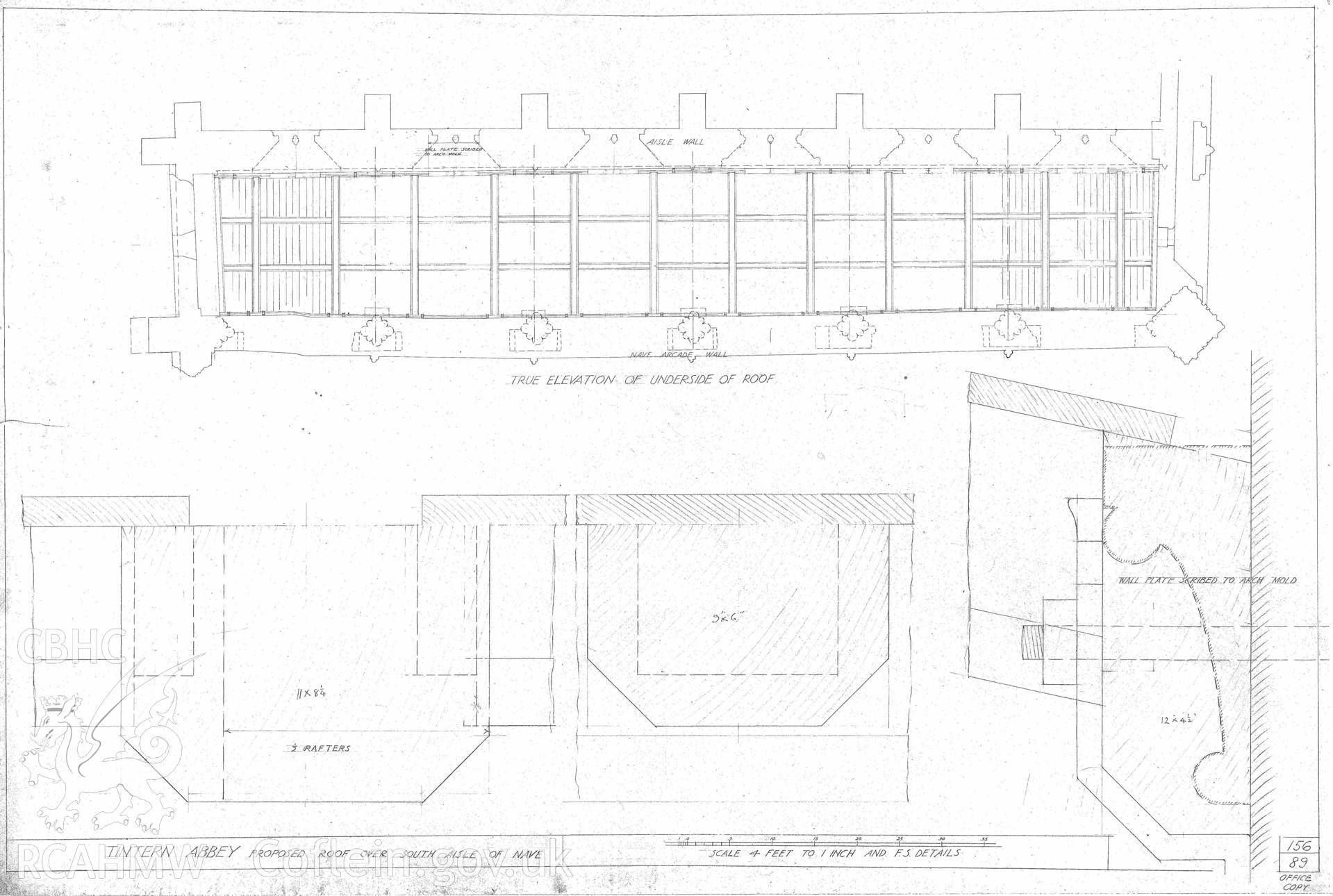 Cadw guardianship monument drawing of Tintern Abbey. Proposed Roof S Aisle of Nave. Cadw ref. No. 156/89. Scale 1:48;1.