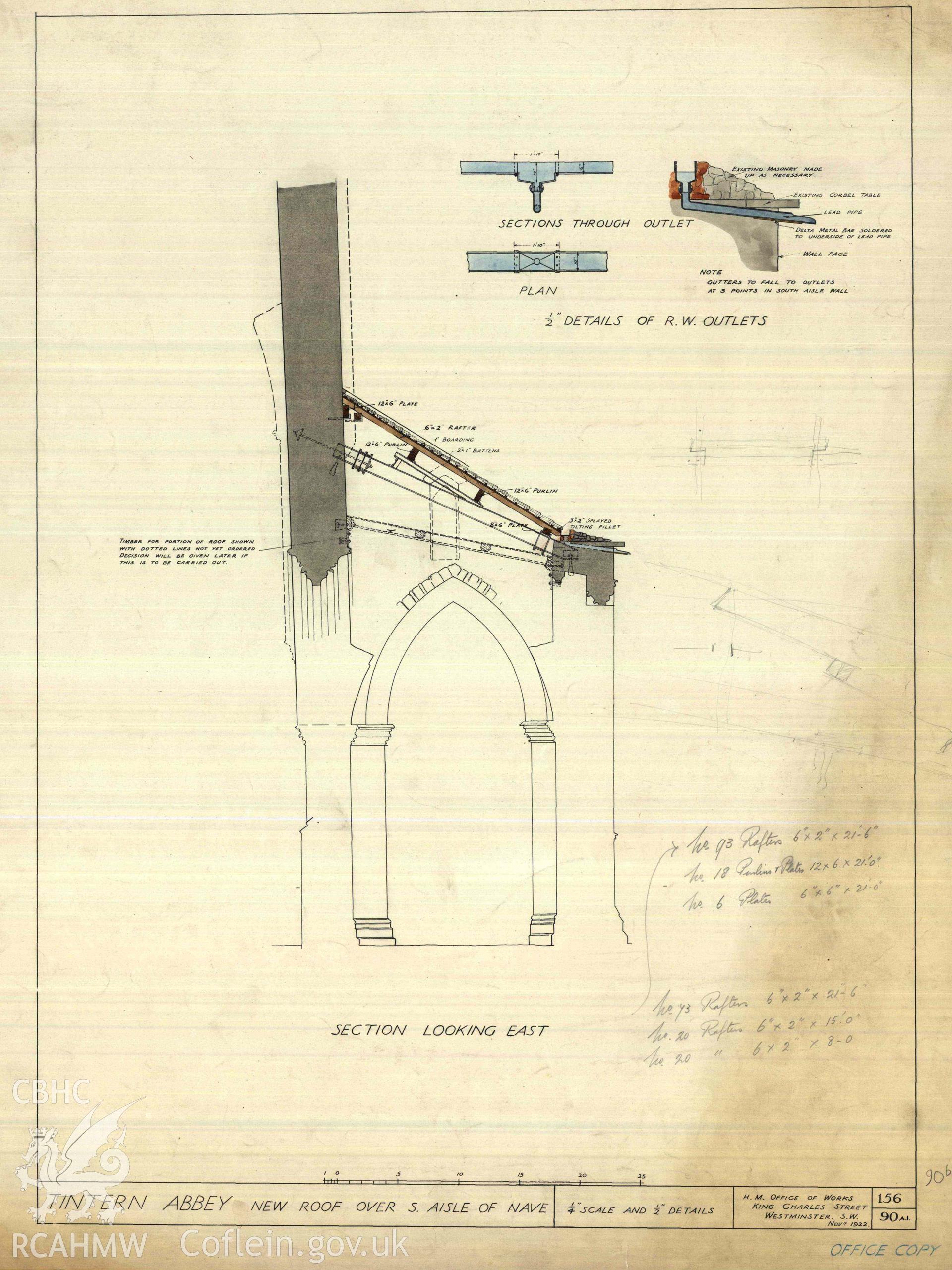 Cadw guardianship monument drawing of Tintern Abbey. New roof over S Aisle of Nave. Cadw ref. No. 156/90A1. Scale 1:24;48.