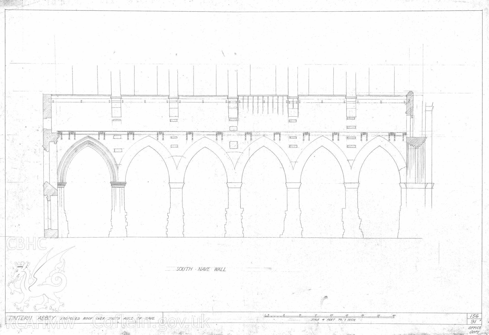 Cadw guardianship monument drawing of Tintern Abbey. Proposed roof over S Aisle of Nave. Cadw ref. No. 156/91. Scale 1:48.
