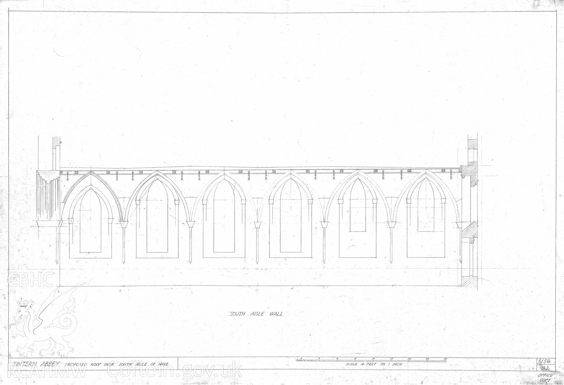 Cadw guardianship monument drawing of Tintern Abbey. Proposed roof over S Aisle of Nave. Cadw ref. No. 156/92. Scale 1:48.
