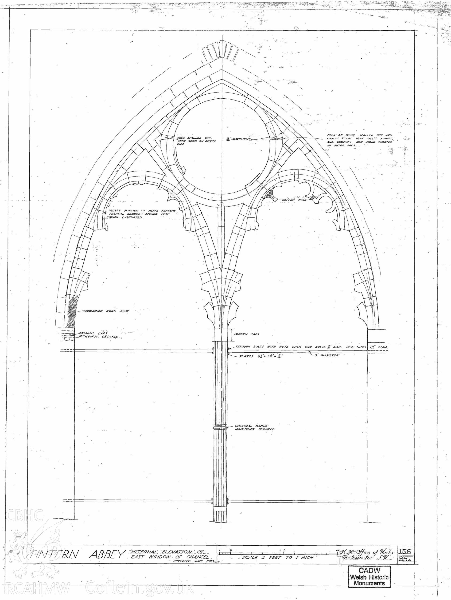 Cadw guardianship monument drawing of Tintern Abbey. Chancel E window, internal elevs. Cadw ref. No. 156/95A. Scale 1:24.