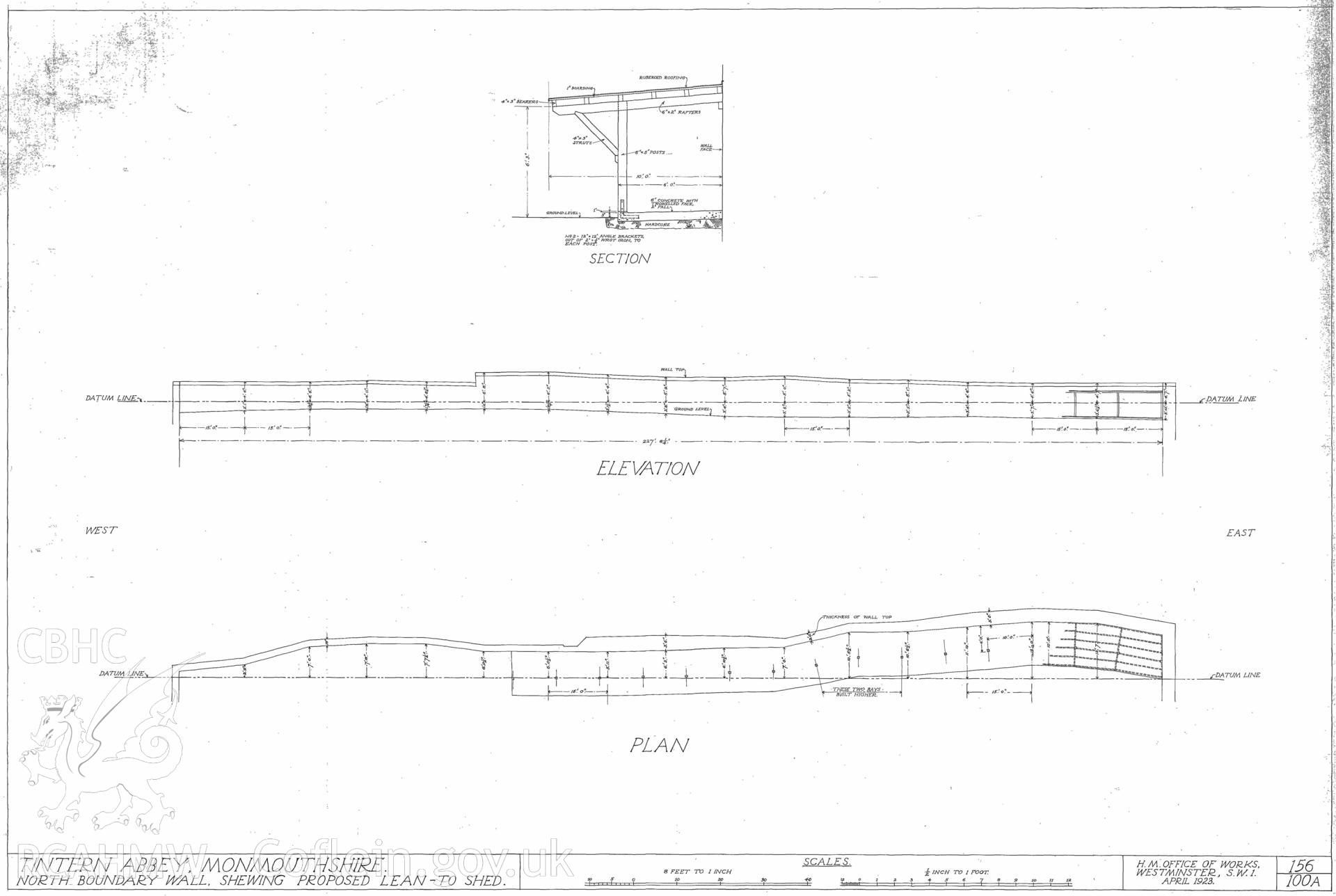 Cadw guardianship monument drawing of Tintern Abbey. N Boundary Wall Lean-to shed. Cadw ref. No. 156/100A. Scale 1:96:24.