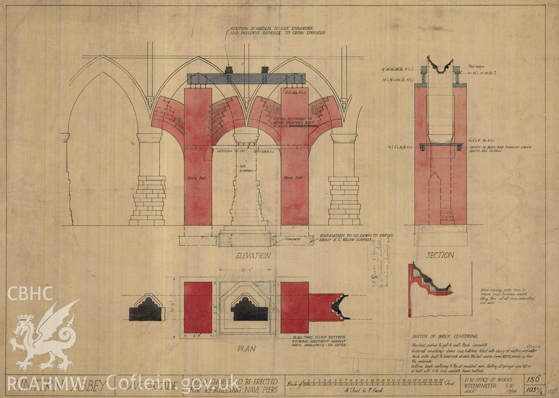 Cadw guardianship monument drawing of Tintern Abbey. Plan through Flying Buttress. Cadw ref. No. 156/103a. Scale 1:48.