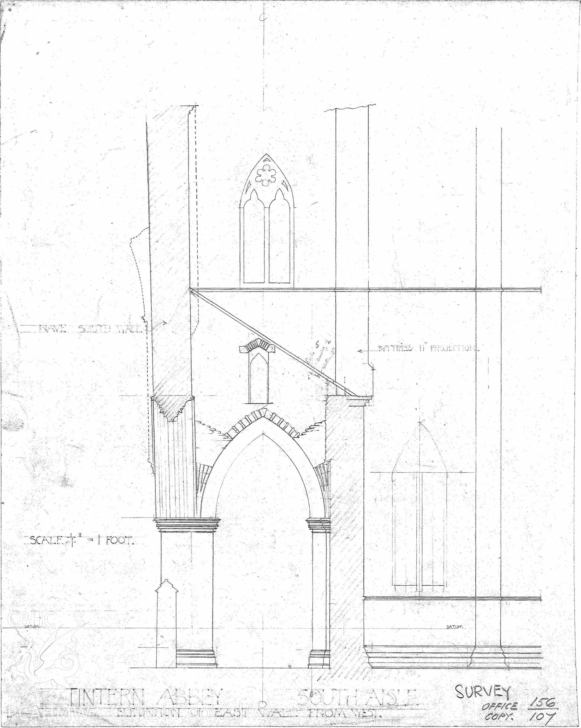 Cadw guardianship monument drawing of Tintern Abbey. South Aisle E Wall from West. Cadw ref. No. 156/107. Scale 1:48.