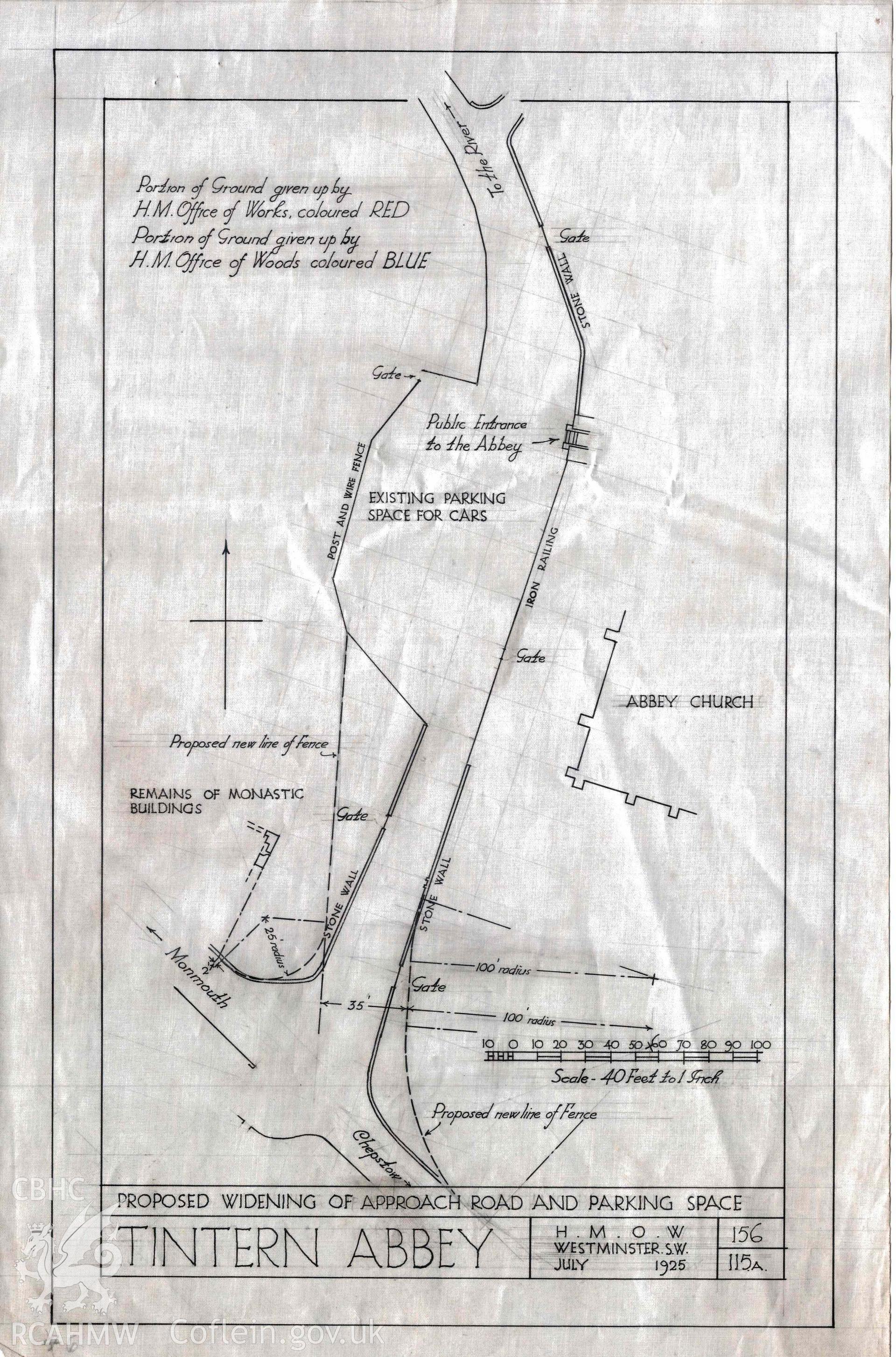 Cadw guardianship monument drawing, plan of proposed widening of approach road and parking space, Tintern Abbey. Dated July 1925.