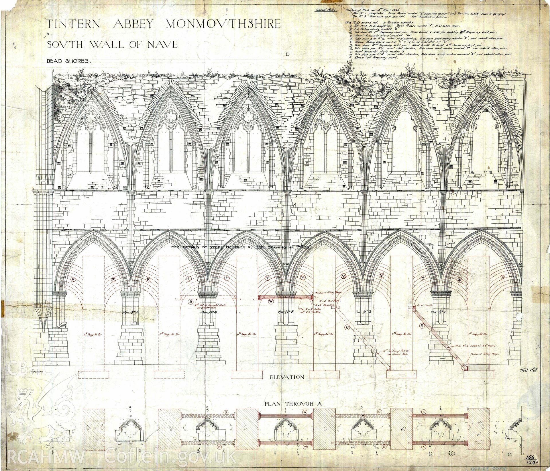Cadw guardianship monument drawing, plan of south wall of nave with notes regarding works to be carried out, Tintern Abbey.  Date circa 1926.