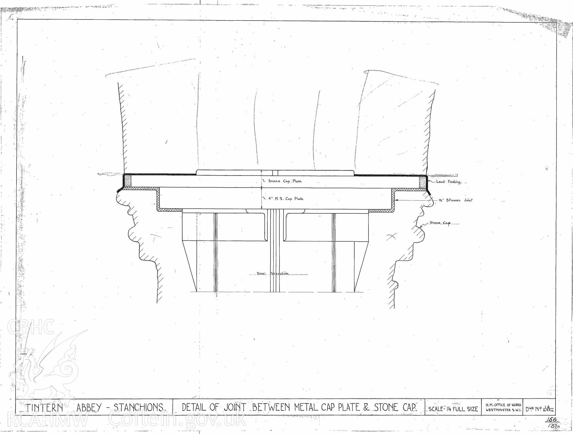 Cadw guardianship monument drawing of Tintern Abbey. Details of joints between metal and stone caps. Cadw ref. No. 156/130A. Scale 1:48.