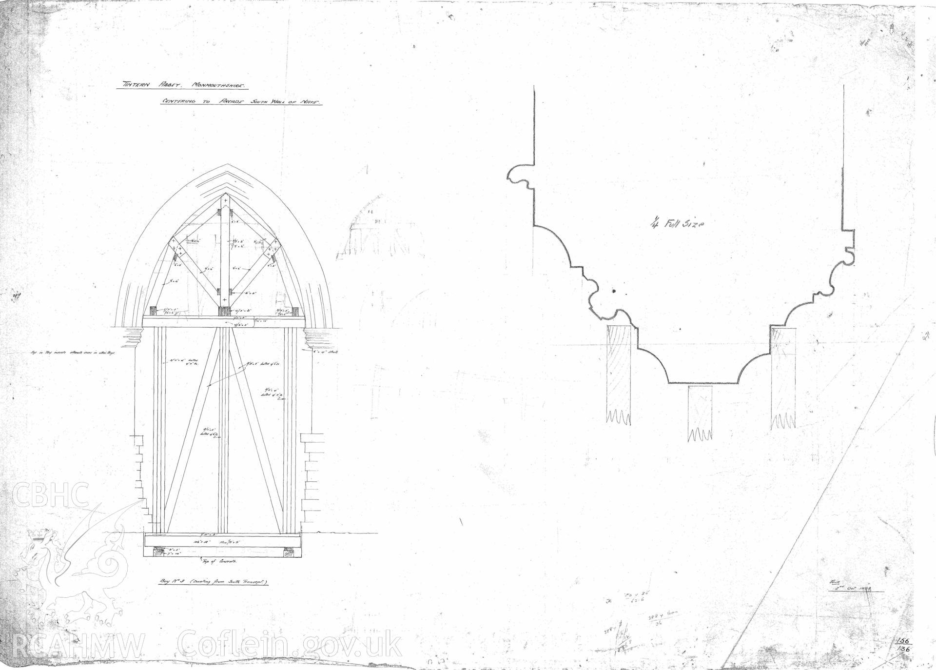 Cadw guardianship monument drawing of Tintern Abbey. Centering to Arcade S Wall of Nave. Cadw ref. No. 156/136. Various scales.
