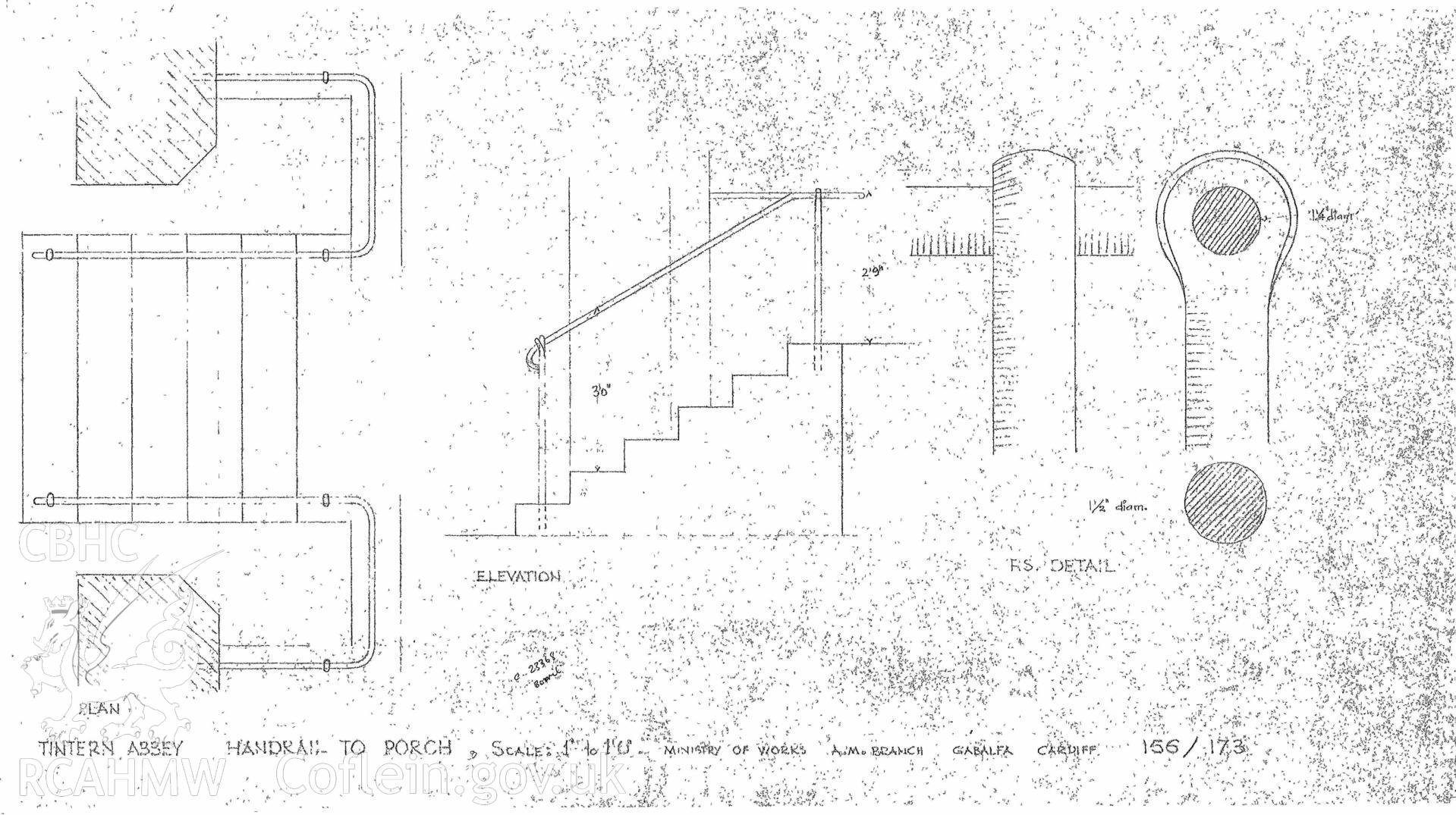 Cadw guardianship monument drawing of Tintern Abbey. Handrail to porch. Cadw ref. No. 156/173. Scale 1:12.