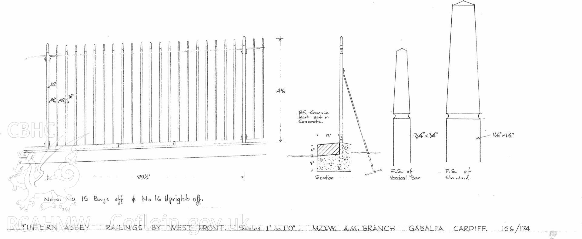 Cadw guardianship monument drawing of Tintern Abbey. Railings by West front + photocopy. Cadw ref. No. 156/174. Scale 1:12.
