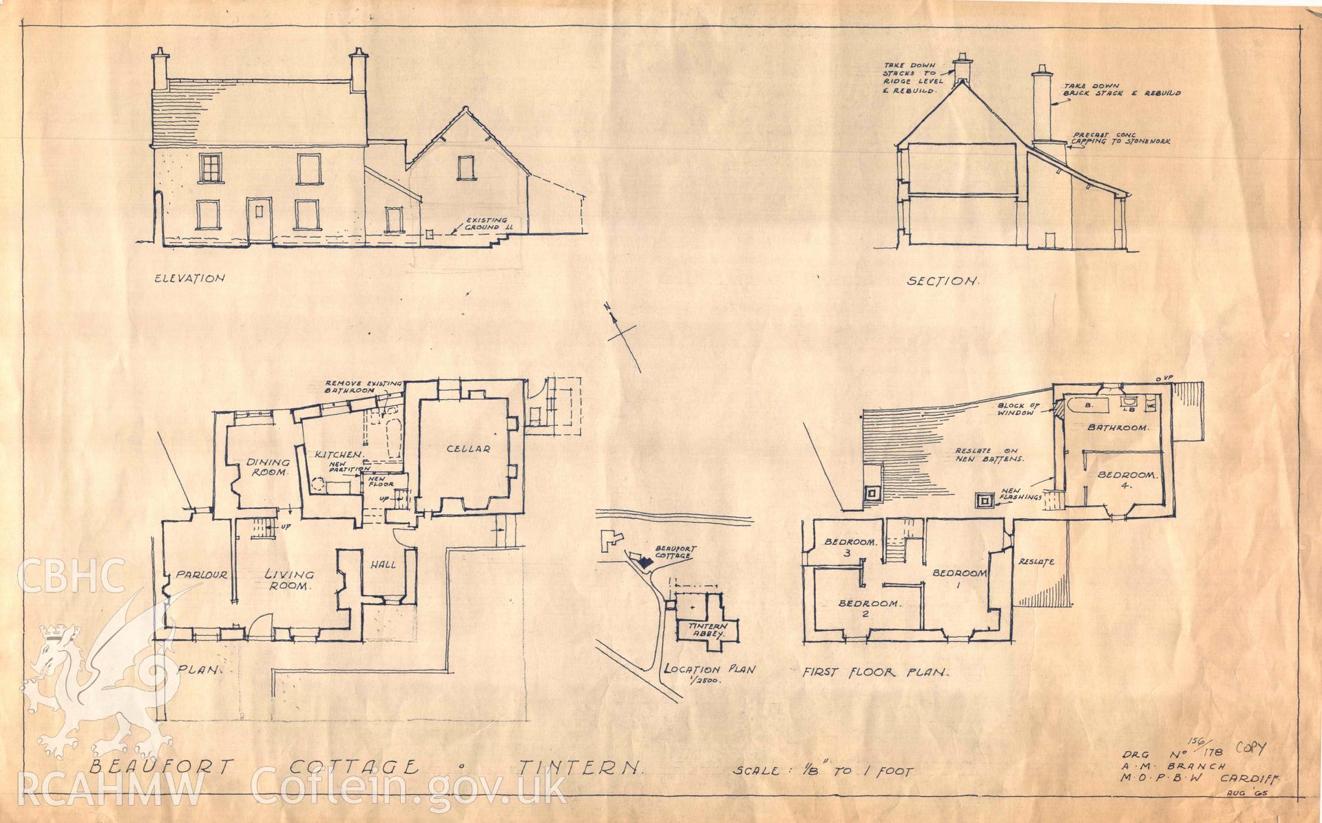 Cadw guardianship monument drawing, ground, 1st floor, section and elevation plan of Beaufort Cottage , Tintern Abbey.  Dated August 1965.