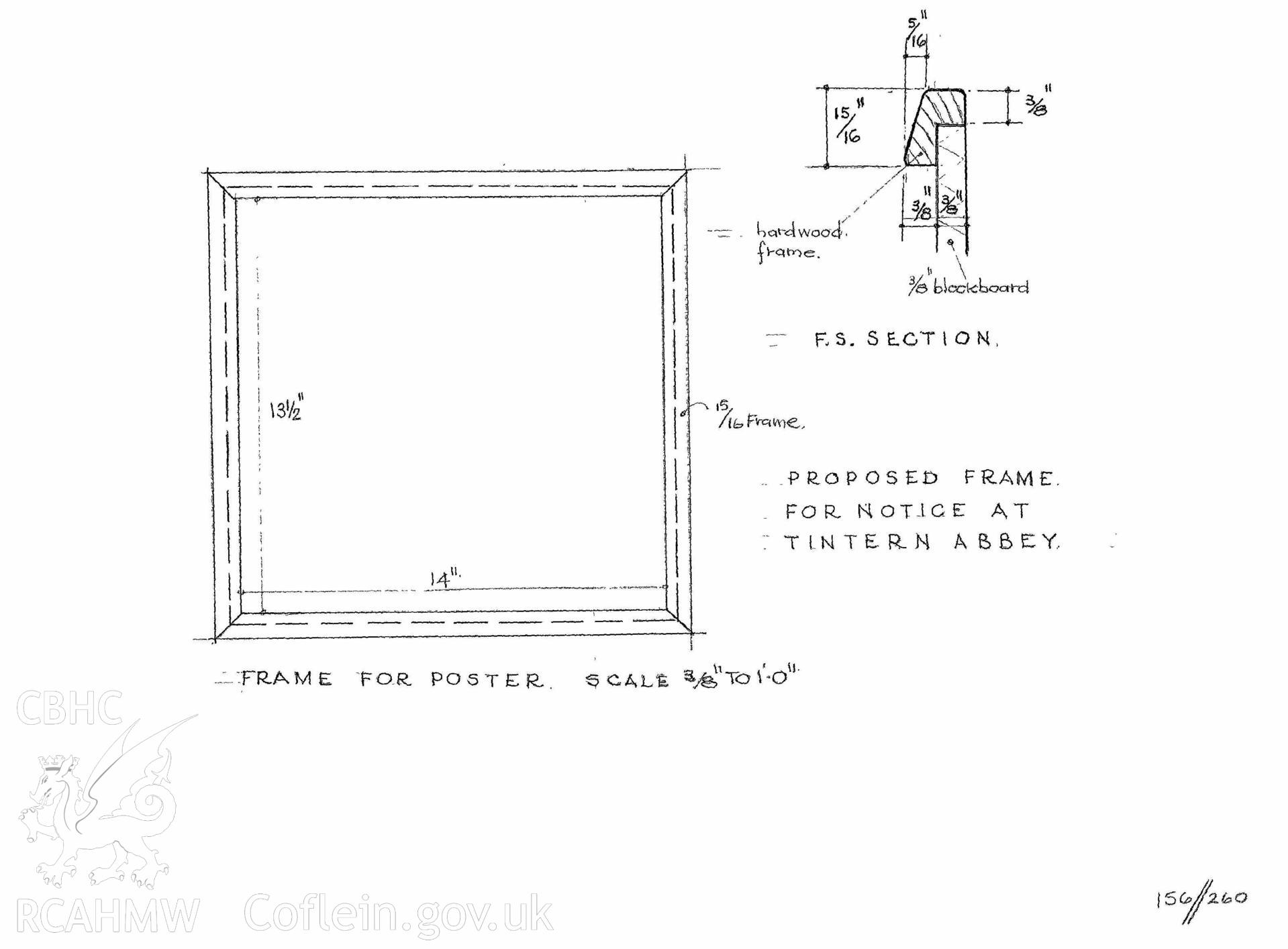 Cadw guardianship monument drawing of Tintern Abbey. Frame for Notice. Cadw ref. No. 156//260. Scale 1:32.