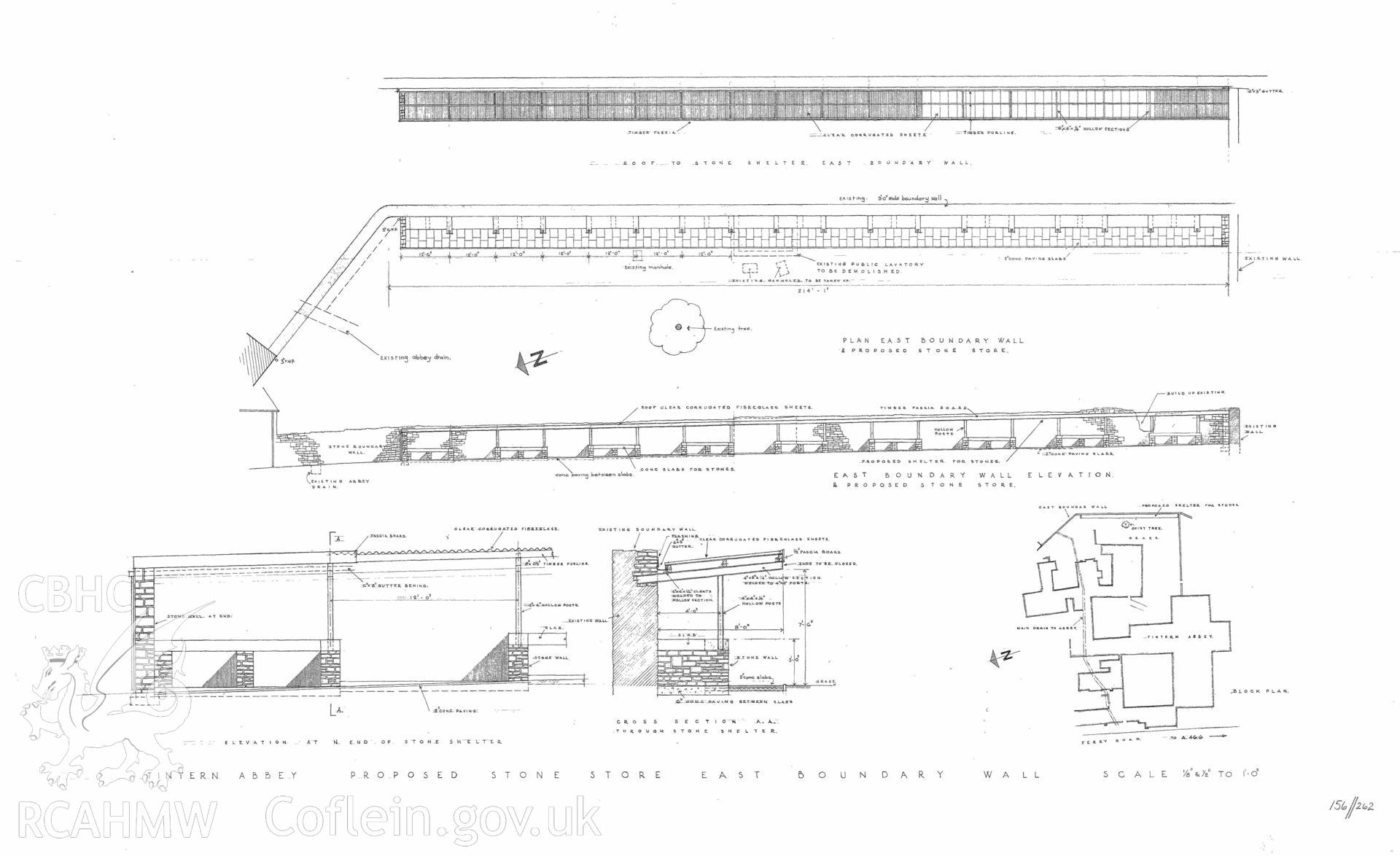 Cadw guardianship monument drawing of Tintern Abbey. Proposed stone store E boundary wall. Cadw ref. No. 156//262. Scale 1:96;12.