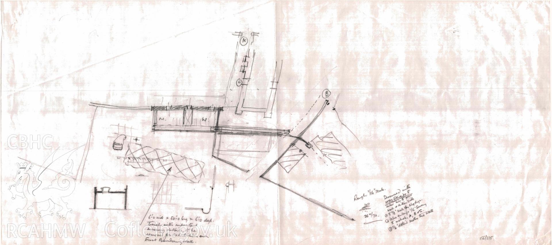 Cadw guardianship monument drawing, rough plan of Beaufort Cottage area, with trench penciled in, Tintern Abbey.  Dated 1972.