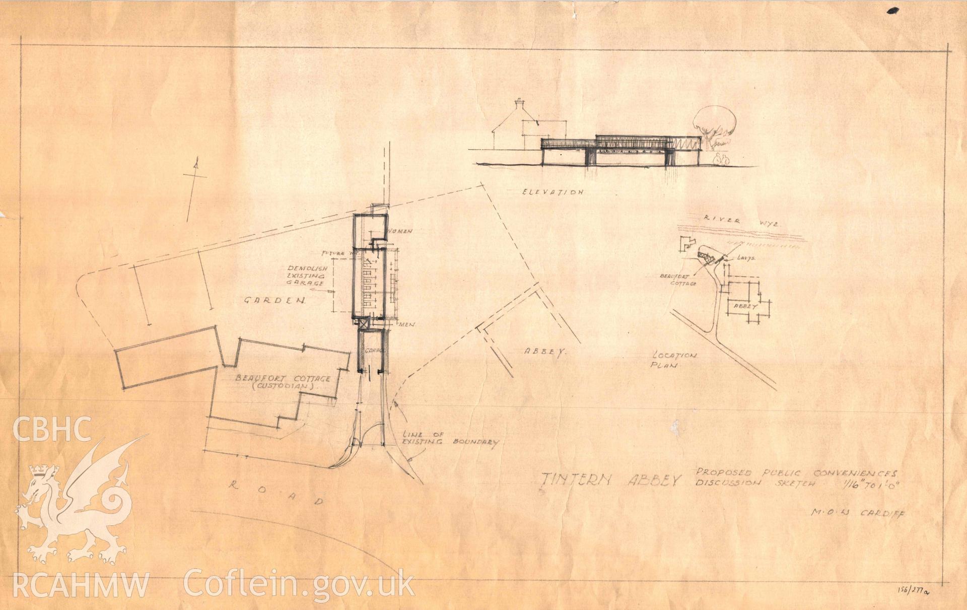 Cadw guardianship monument drawing, proposed public conveniences, discussion sketch, Tintern Abbey.  Undated.
