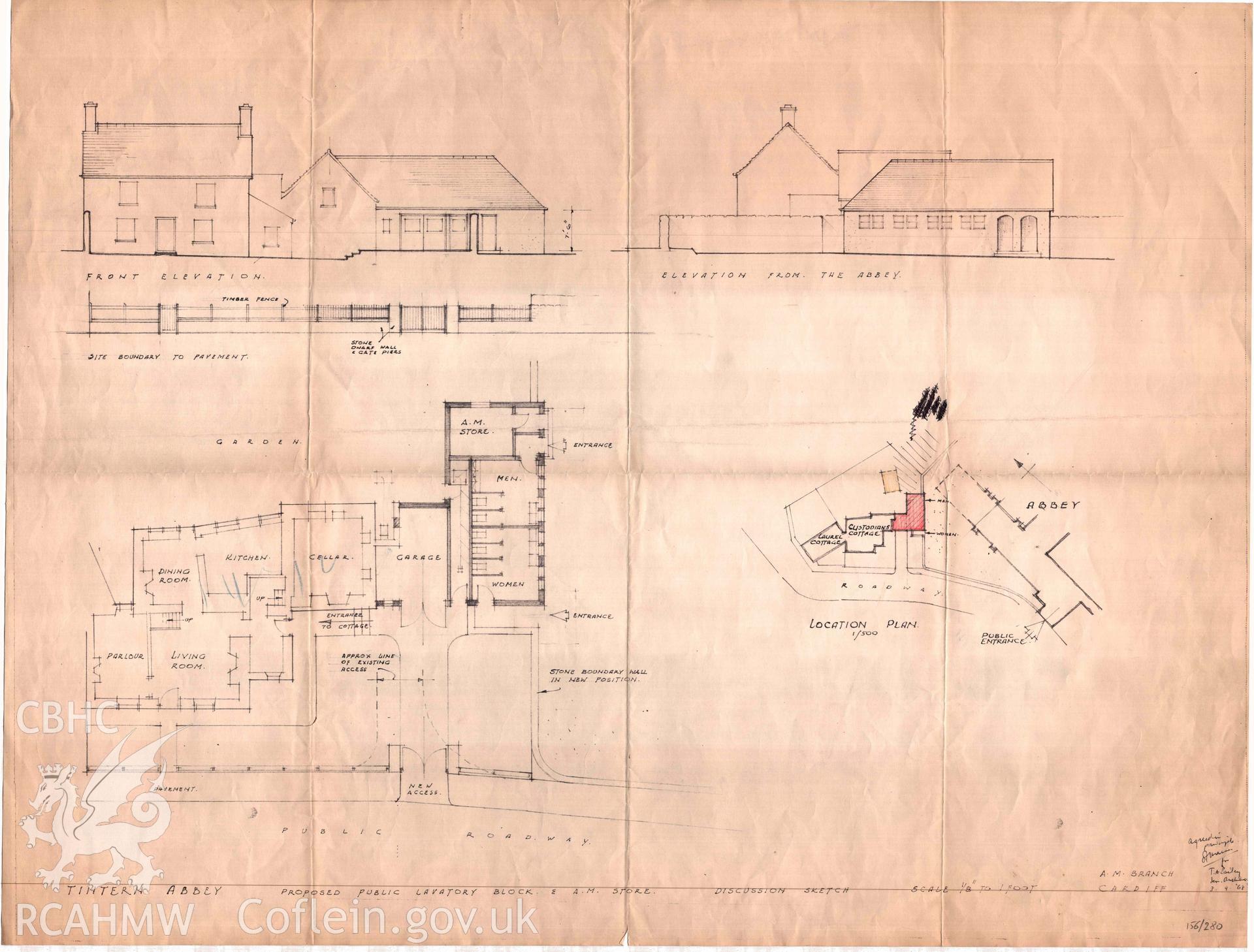 Cadw guardianship monument drawing, location plan, elevations and ground plan of proposed public lavatory block and A.M. store, Tintern Abbey, dated September 1968.