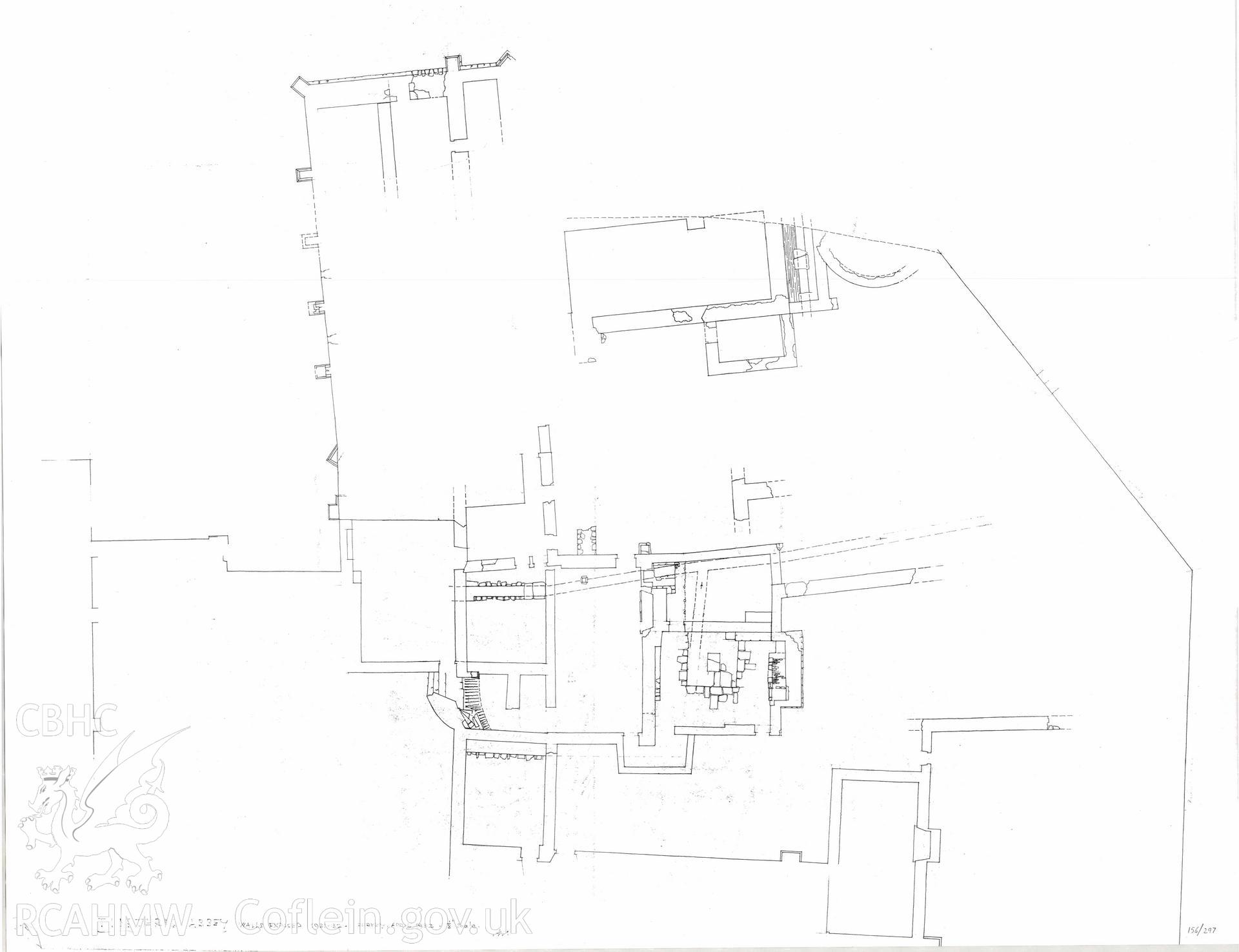 Cadw guardianship monument drawing, copy (part) of original plan of walls etc exposed between 1929-1932, showing wall exposed on Abbot's Hall, camera and chapel over, Tintern Abbey.