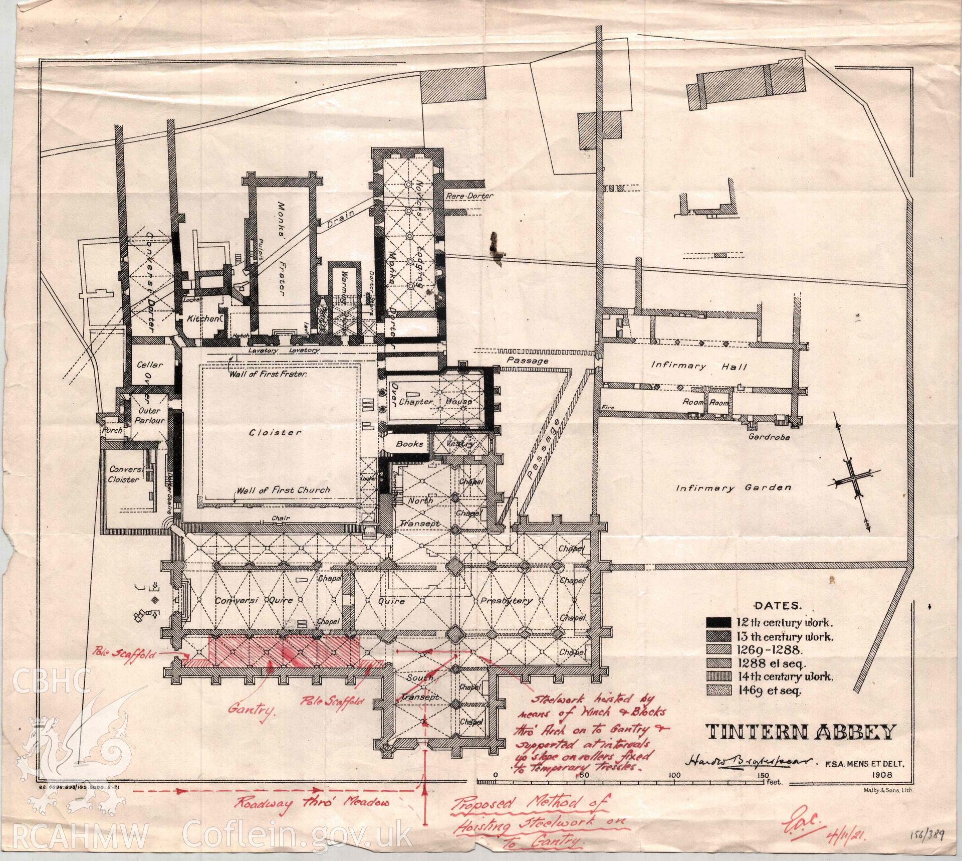 Cadw Guardianship monument drawing,  printed plan of abbey with annotations concerning the proposed method of hoisting steelwork onto gantry, Tintern Abbey.  Dated 4th November 1921.