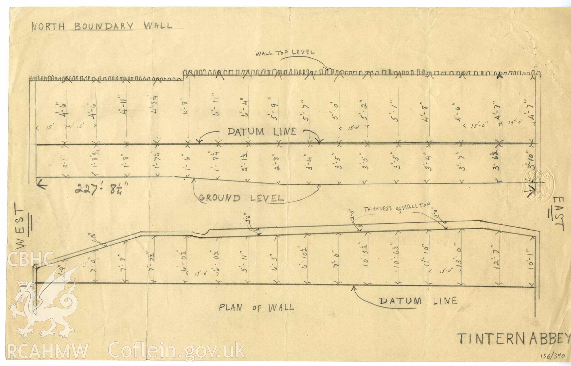 Cadw Guardianship monument drawing, plan of north boundary wall, Tintern Abbey.